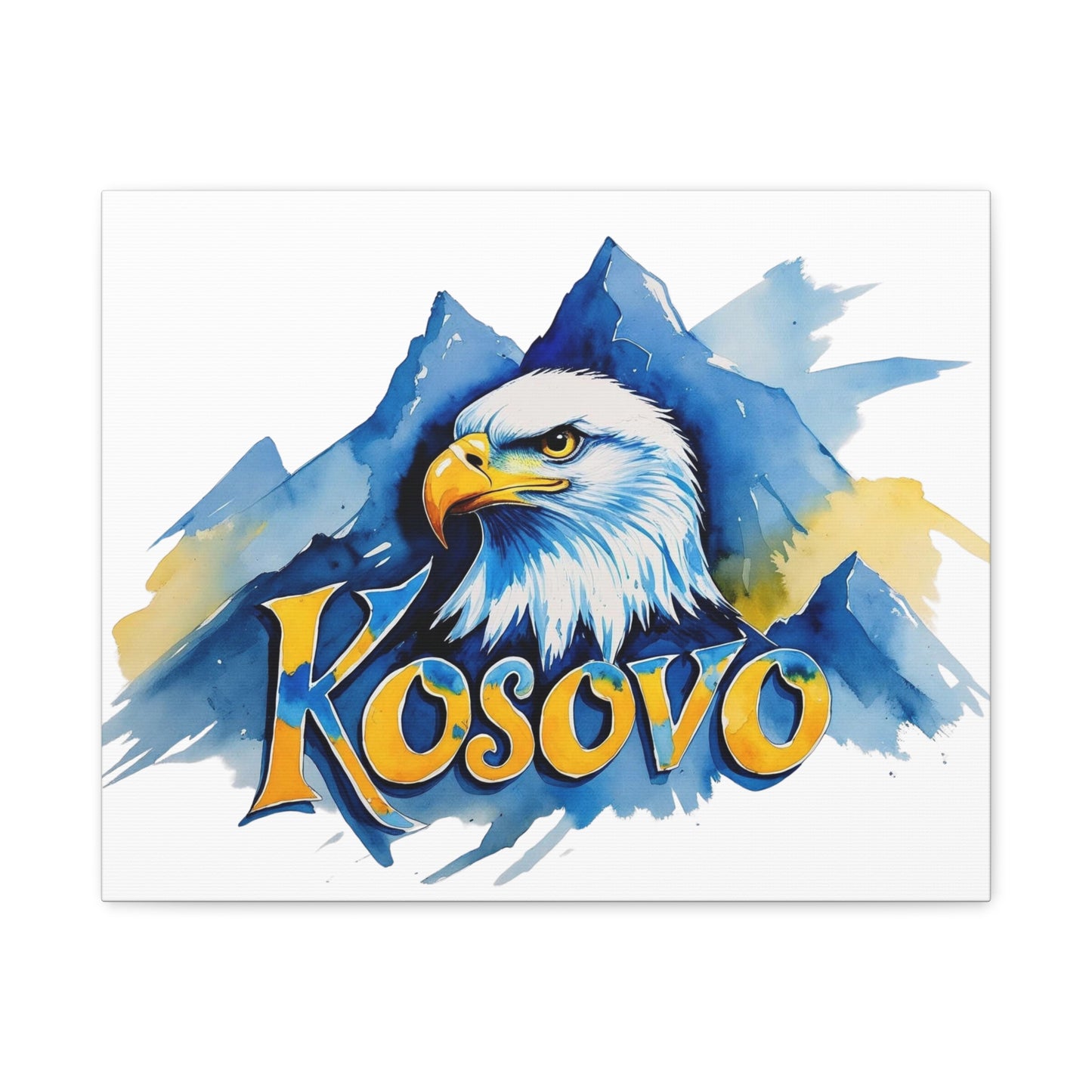 Kosovo Eagle Watercolor Style Canvas | Blue & Yellow Patriotic Wall Art – Serene Mountain-Inspired Decor