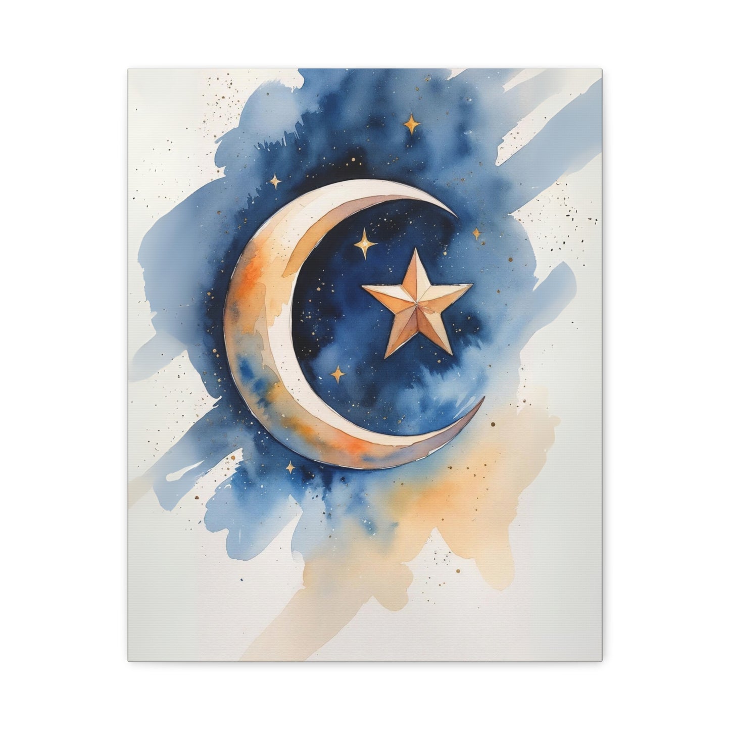 Kosovo Islamic Crescent Moon & Star Canvas I Watercolor Style | Celestial Wall Art for Home, Nursery & Gift Giving