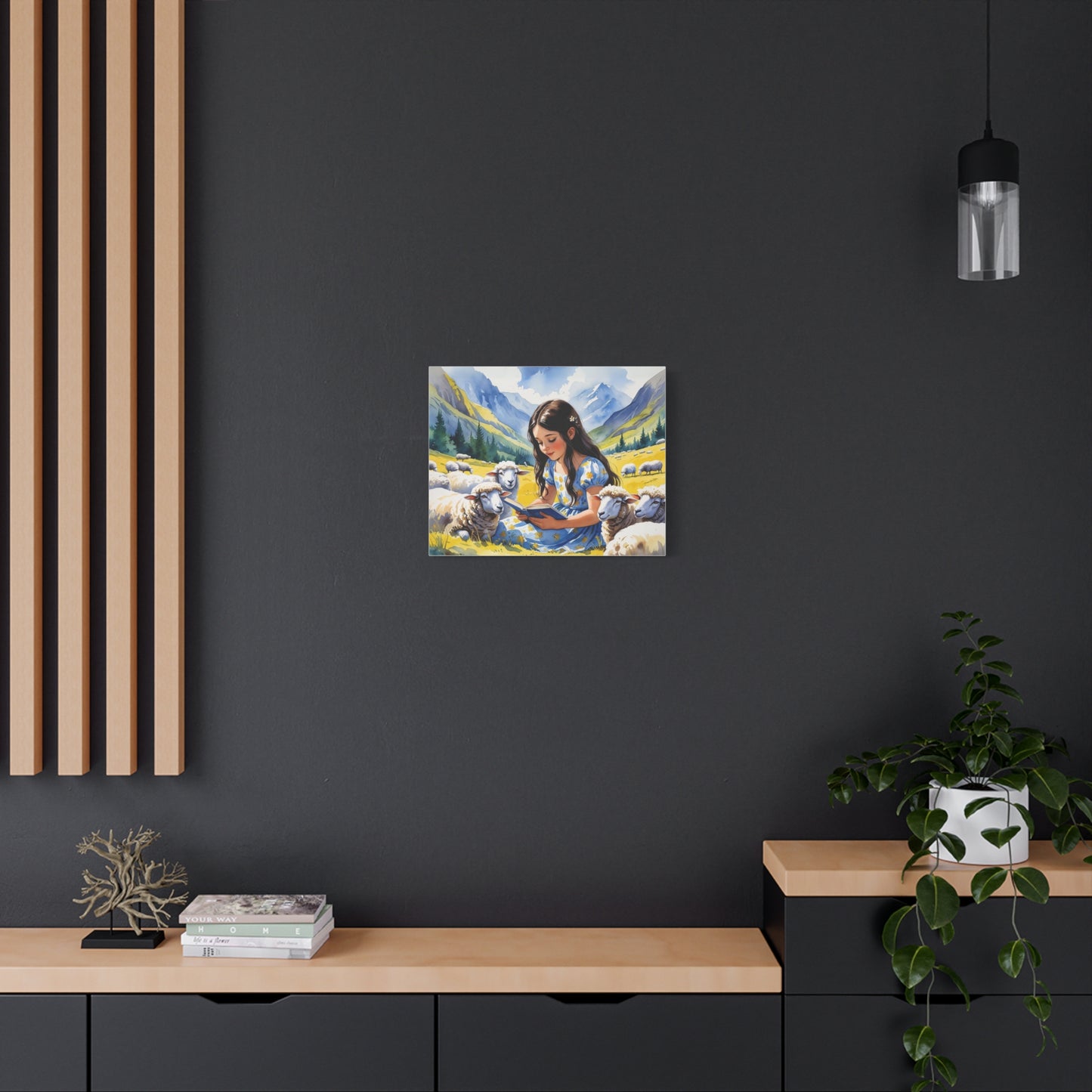 Kosovo Shepherdess Watercolor Style Canvas | Girl Reading to Sheep with Shar Mountains – Blue & Yellow Flag-Inspired Art
