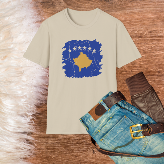 Distressed Kosovo Flag Map T-Shirt – Unisex Softstyle National Pride Tee