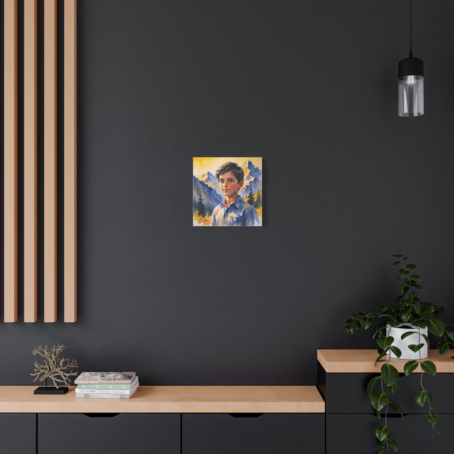 Dardan’s Freedom Dream – Watercolor Style Canvas of a Kosovar Shepherd Boy in the Accursed Mountains at Sunset, Painted in Kosovo’s Yellow and Blue Hues