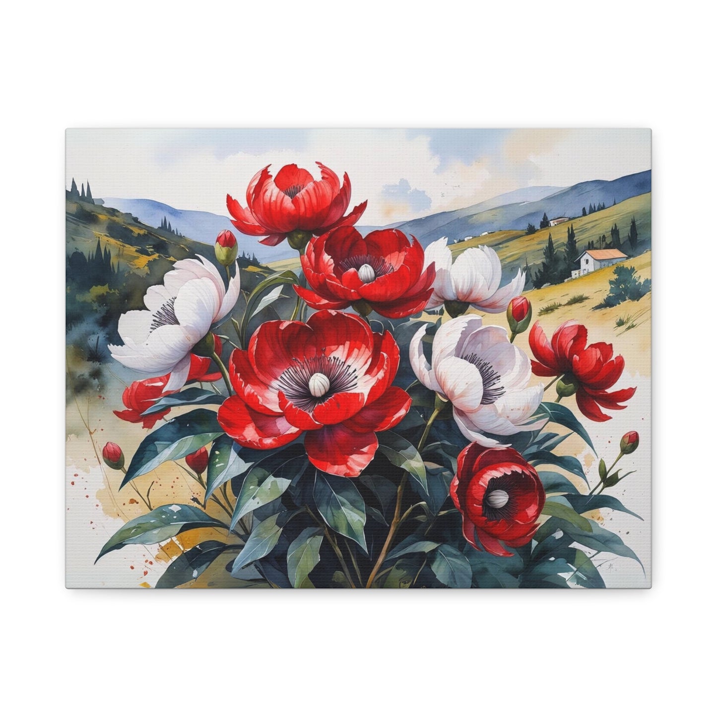 Kosovo’s Crimson Bloom – Watercolor Style Canvas of Red Paeonia peregrina in an Albanian Landscape