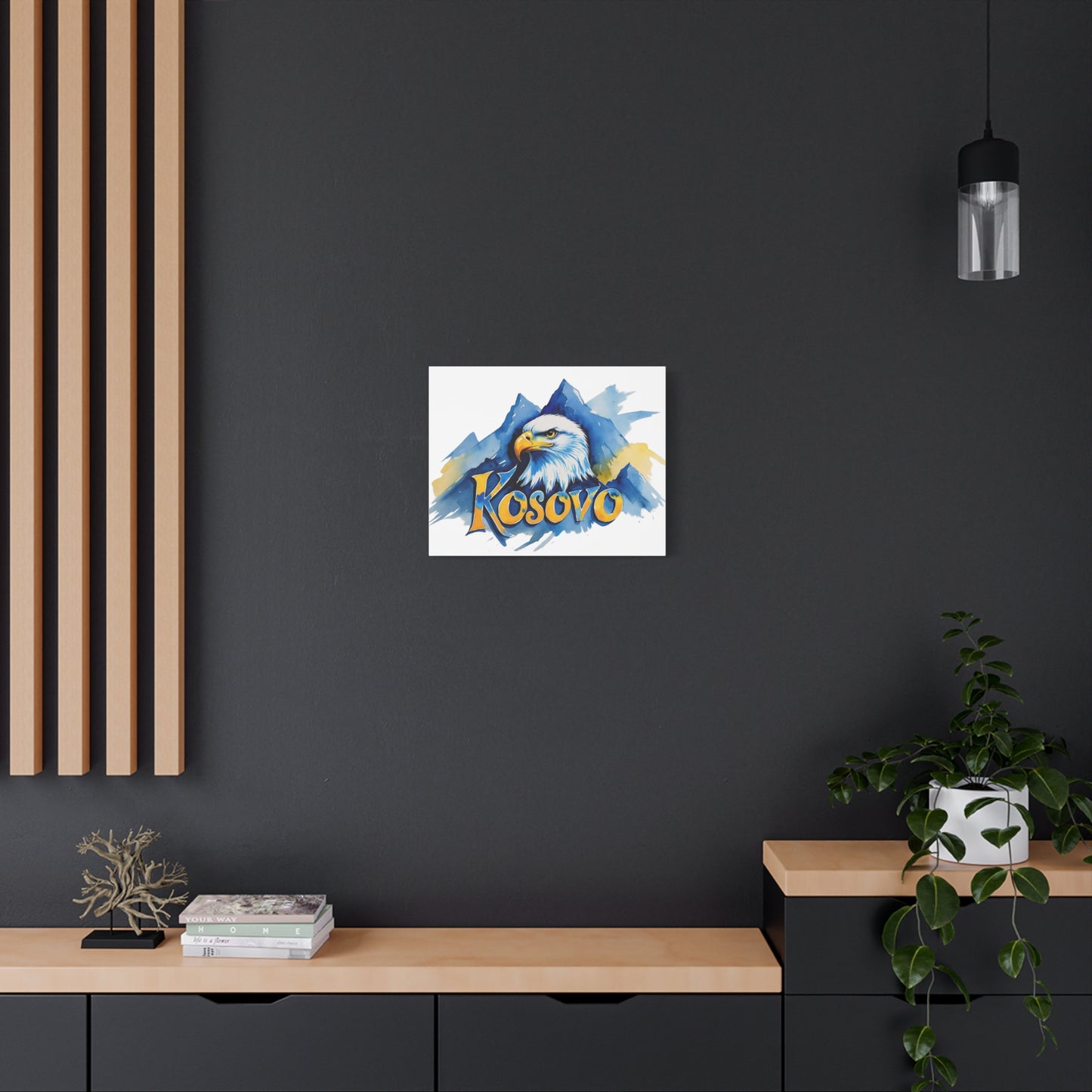 Kosovo Eagle Watercolor Style Canvas | Blue & Yellow Patriotic Wall Art – Serene Mountain-Inspired Decor