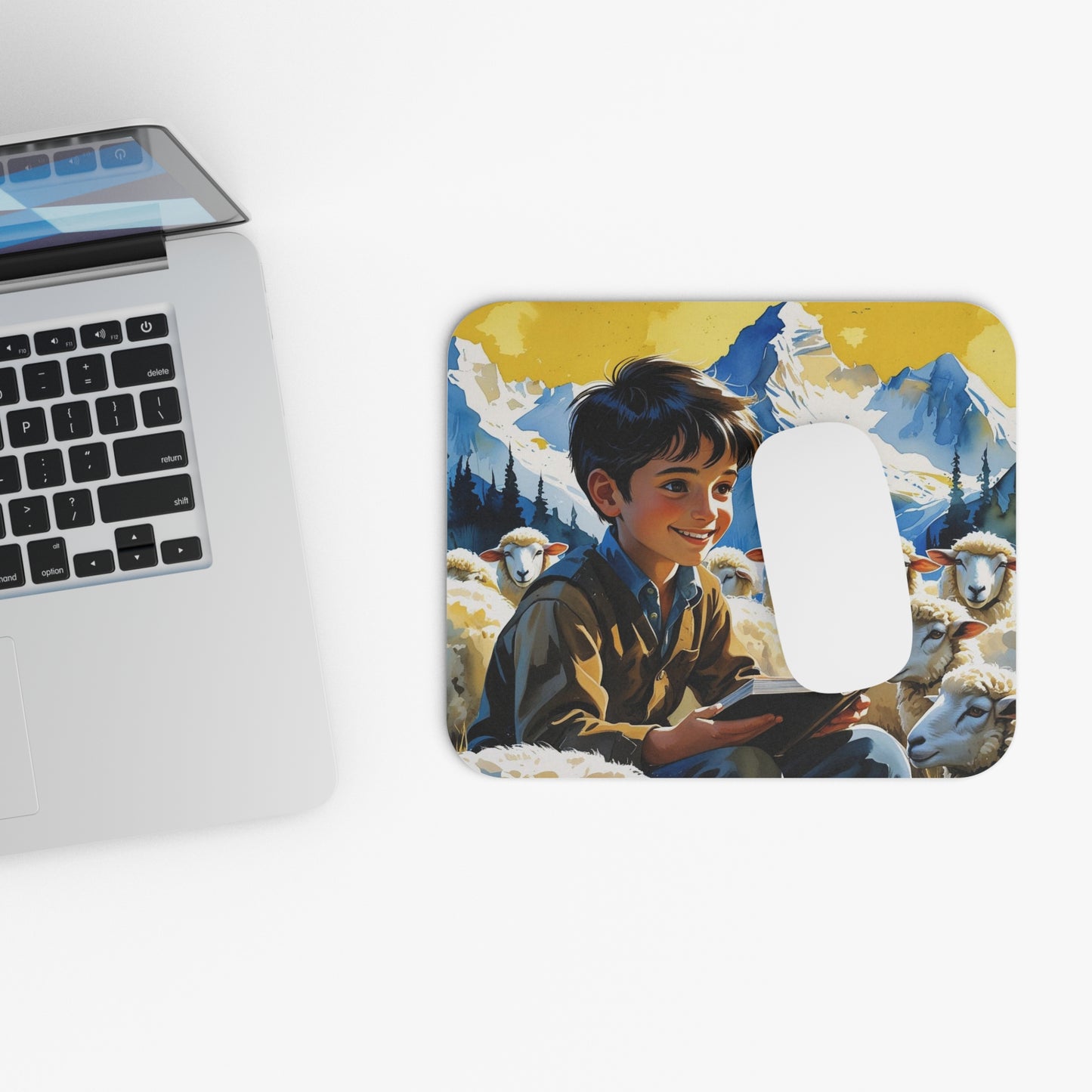 Kosovar Shepherd Boy Mouse Pad – Reading to Sheep in the Mountains Blue & Yellow Hues | 9"x8" Desk Accessory | Cultural Art Gift