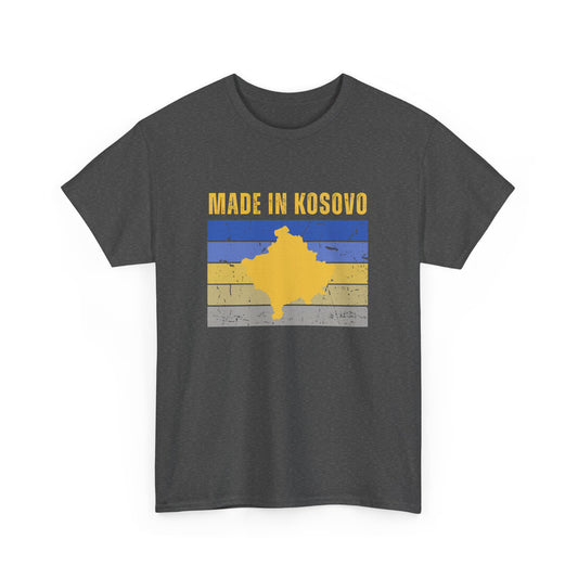 Made in Kosovo – Retro Sunset Distressed T-Shirt Unisex Graphic Tee | Kosovo Flag Colors & Map | Vintage-Style National Pride Shirt
