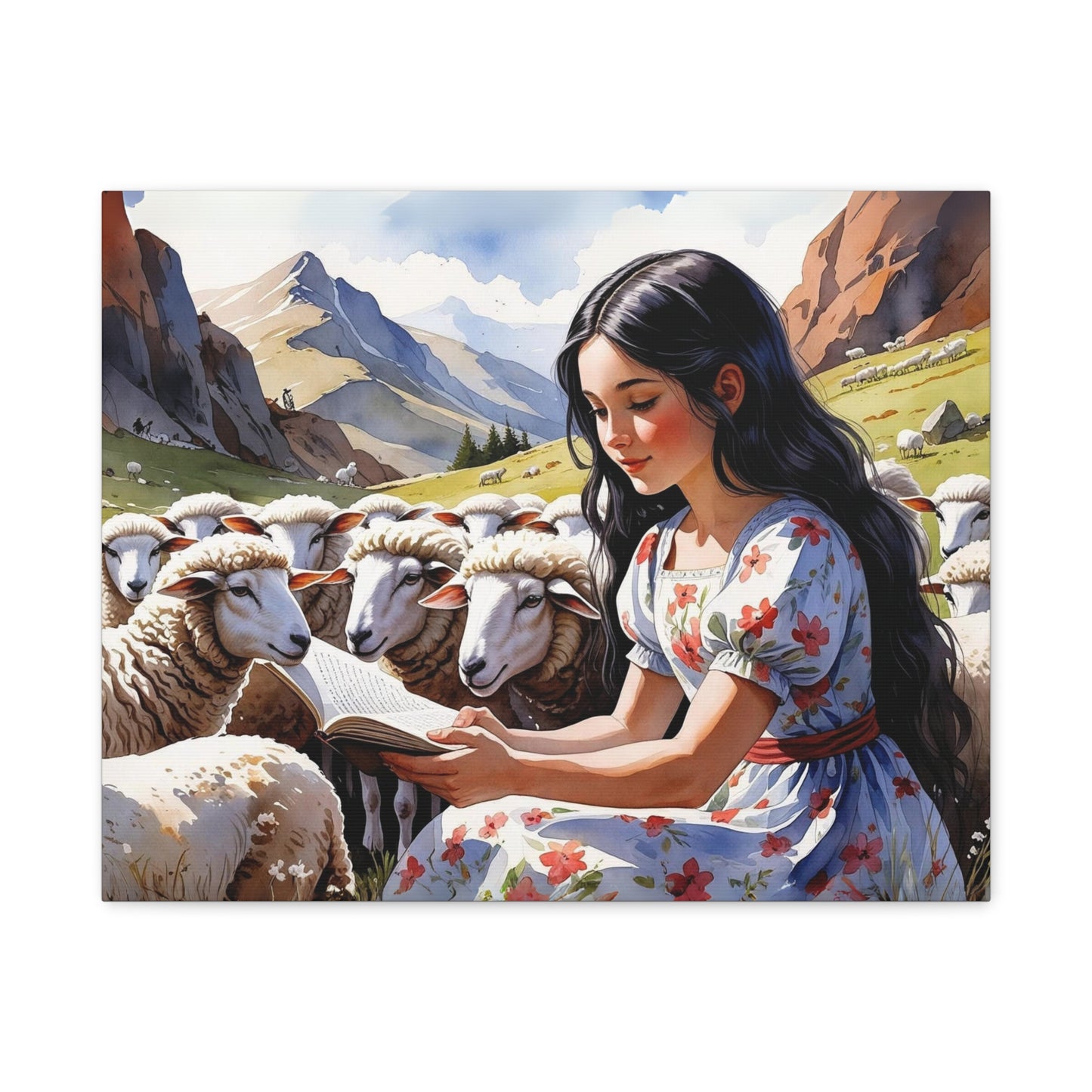 Albanian Shepherdess Girl Watercolor Style Art I Baresha Lexon | Floral Dress & Sheep in Mountain Landscape – Red & Black Tones