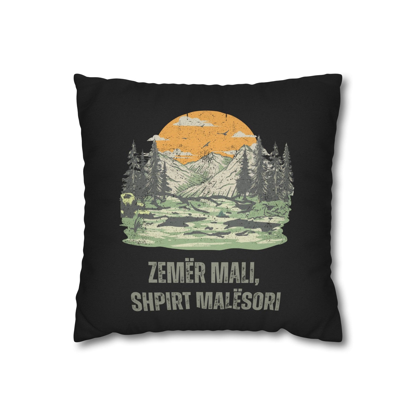 Zemër Mali, Shpirt Malësori – Black Grunge Mountain Pillowcase, Albanian Highlander Decor, Bold Cultural Accent