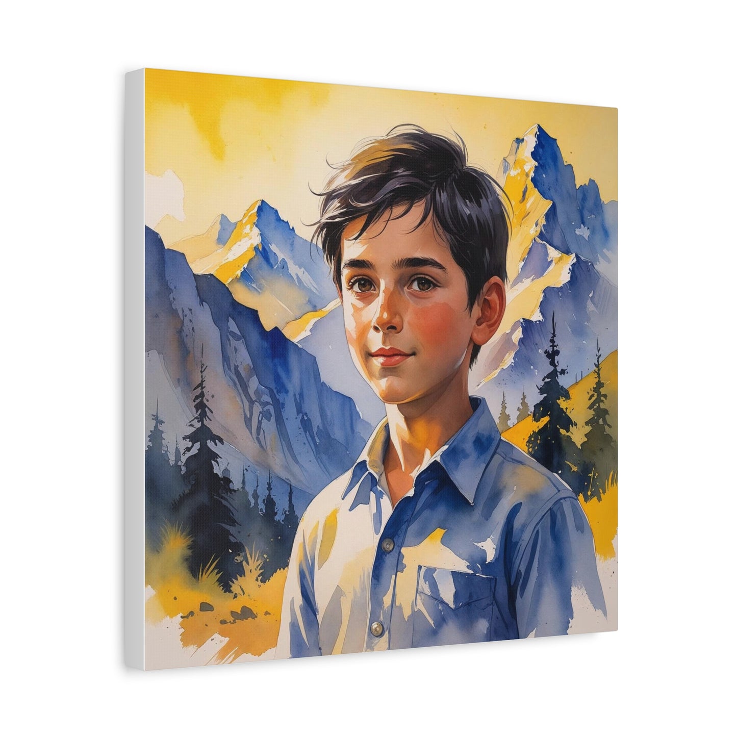 Dardan’s Freedom Dream – Watercolor Style Canvas of a Kosovar Shepherd Boy in the Accursed Mountains at Sunset, Painted in Kosovo’s Yellow and Blue Hues