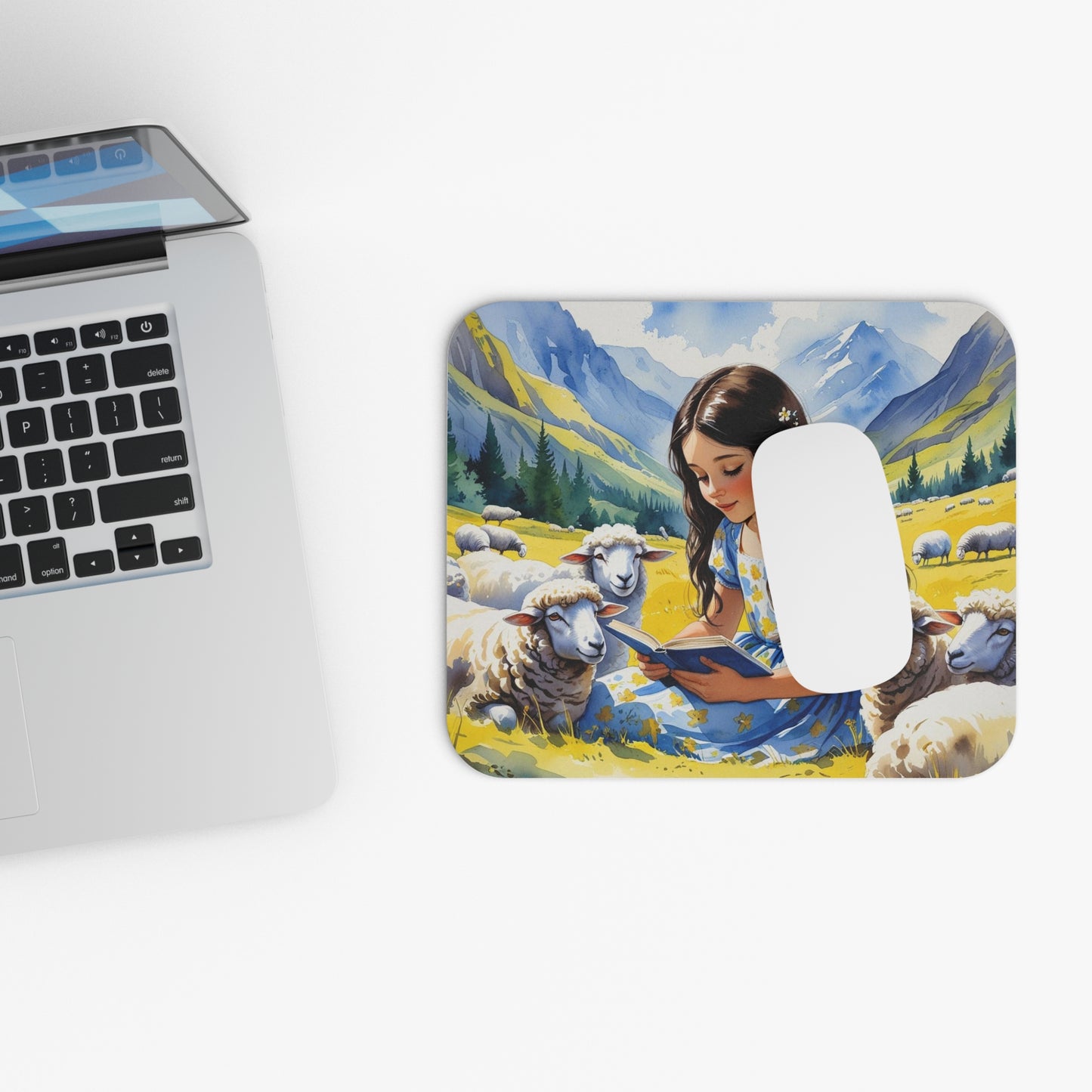 Kosovar Shepherdess Girl Mouse Pad – Reading to Sheep in Yellow & Blue Whimsical Rural Scene | 9"x8" Desk Accessory | Kosovo-Inspired Art Gift