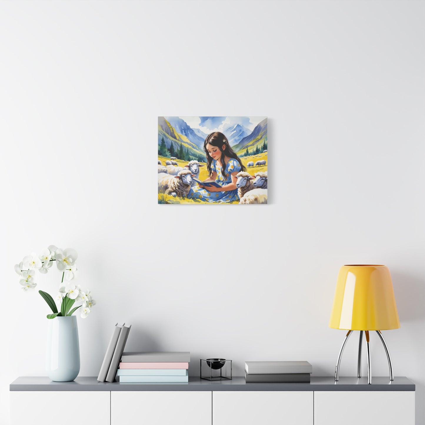 Kosovo Shepherdess Watercolor Style Canvas | Girl Reading to Sheep with Shar Mountains – Blue & Yellow Flag-Inspired Art