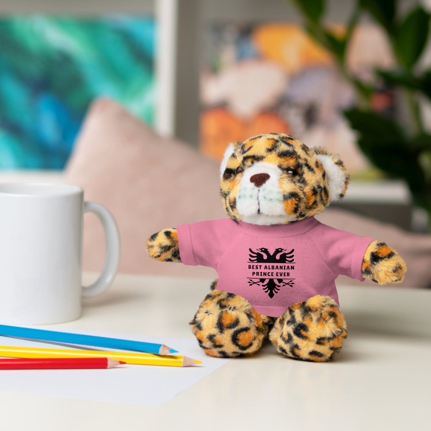 Best Albanian Prince Ever | Personalized 8" Plush Stuffed Animal Jaguar | Custom Tee in Multiple Colors | Gift for Kids & Collectors