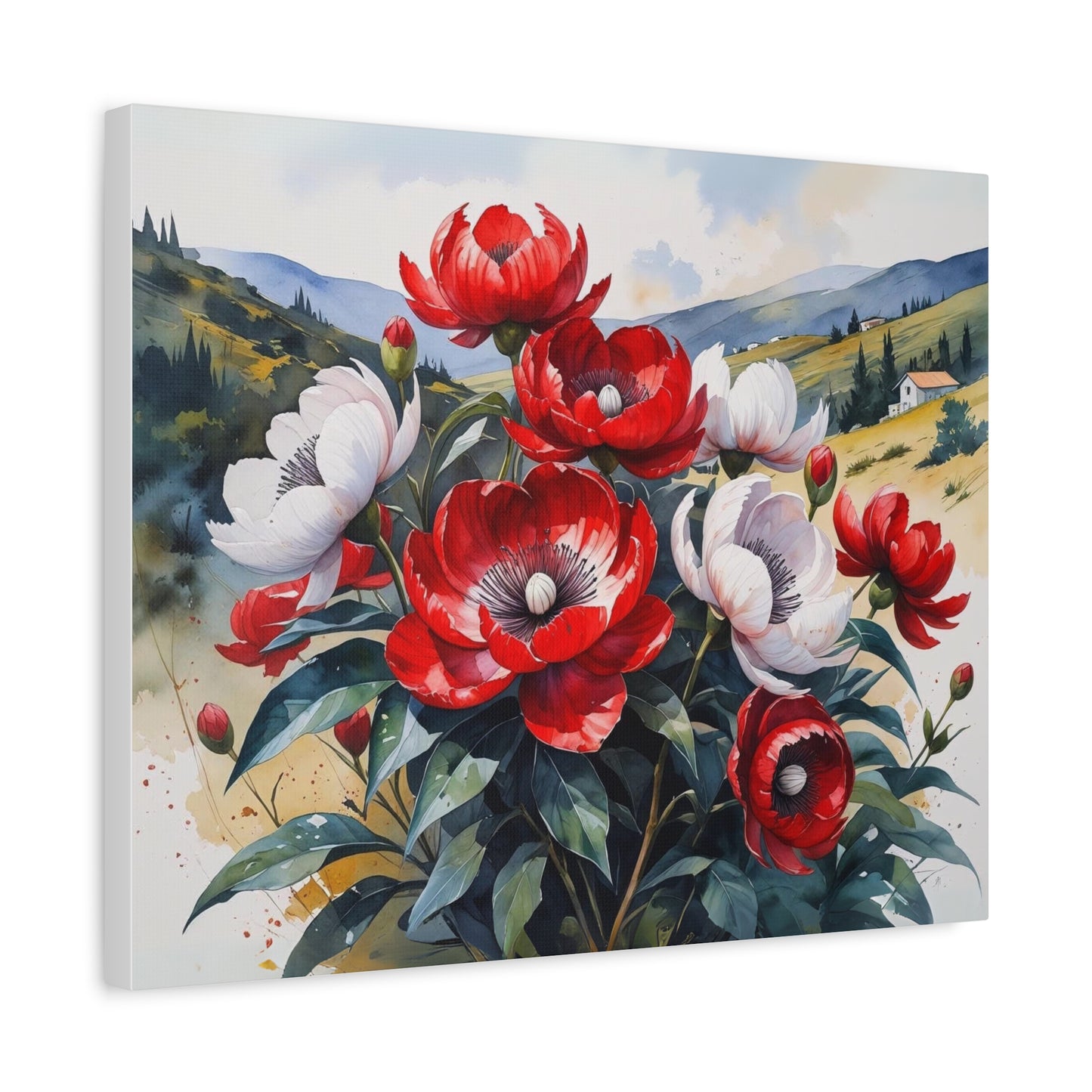 Kosovo’s Crimson Bloom – Watercolor Style Canvas of Red Paeonia peregrina in an Albanian Landscape