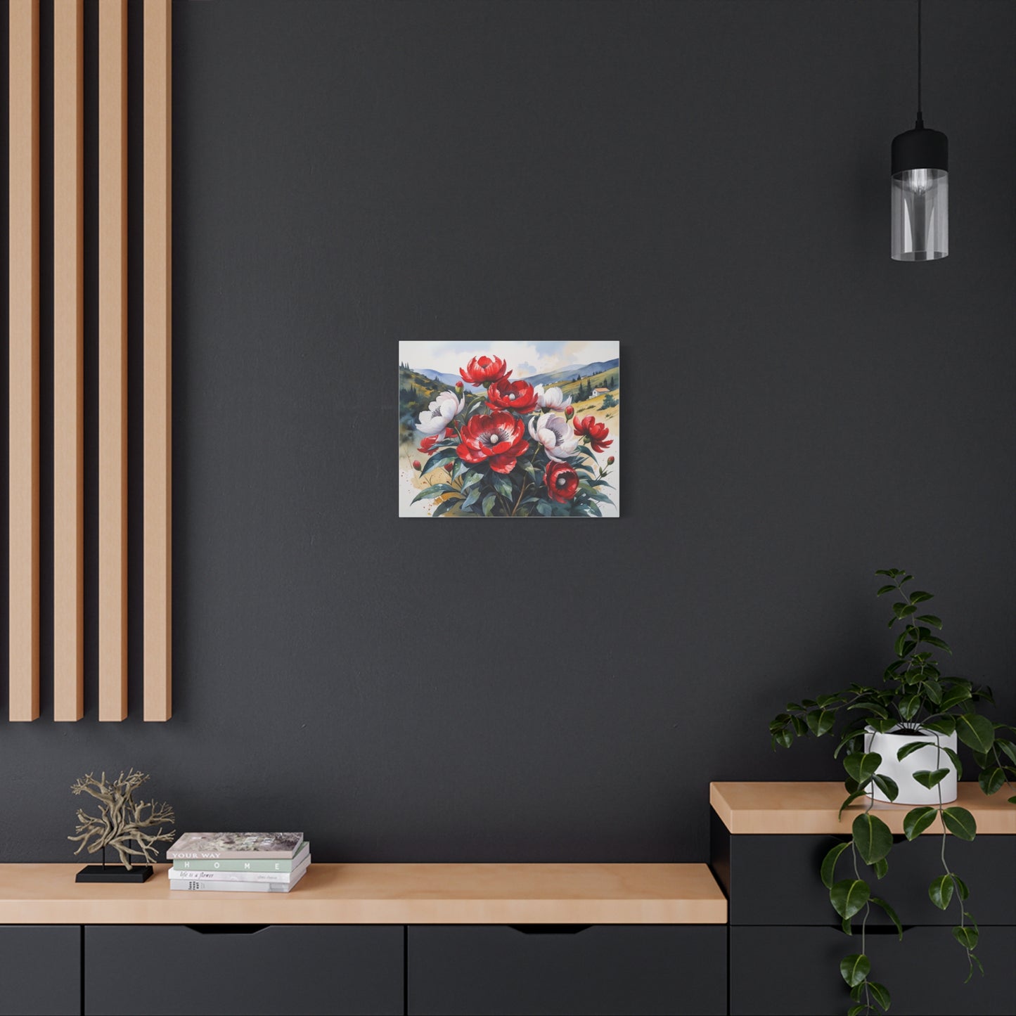 Kosovo’s Crimson Bloom – Watercolor Style Canvas of Red Paeonia peregrina in an Albanian Landscape