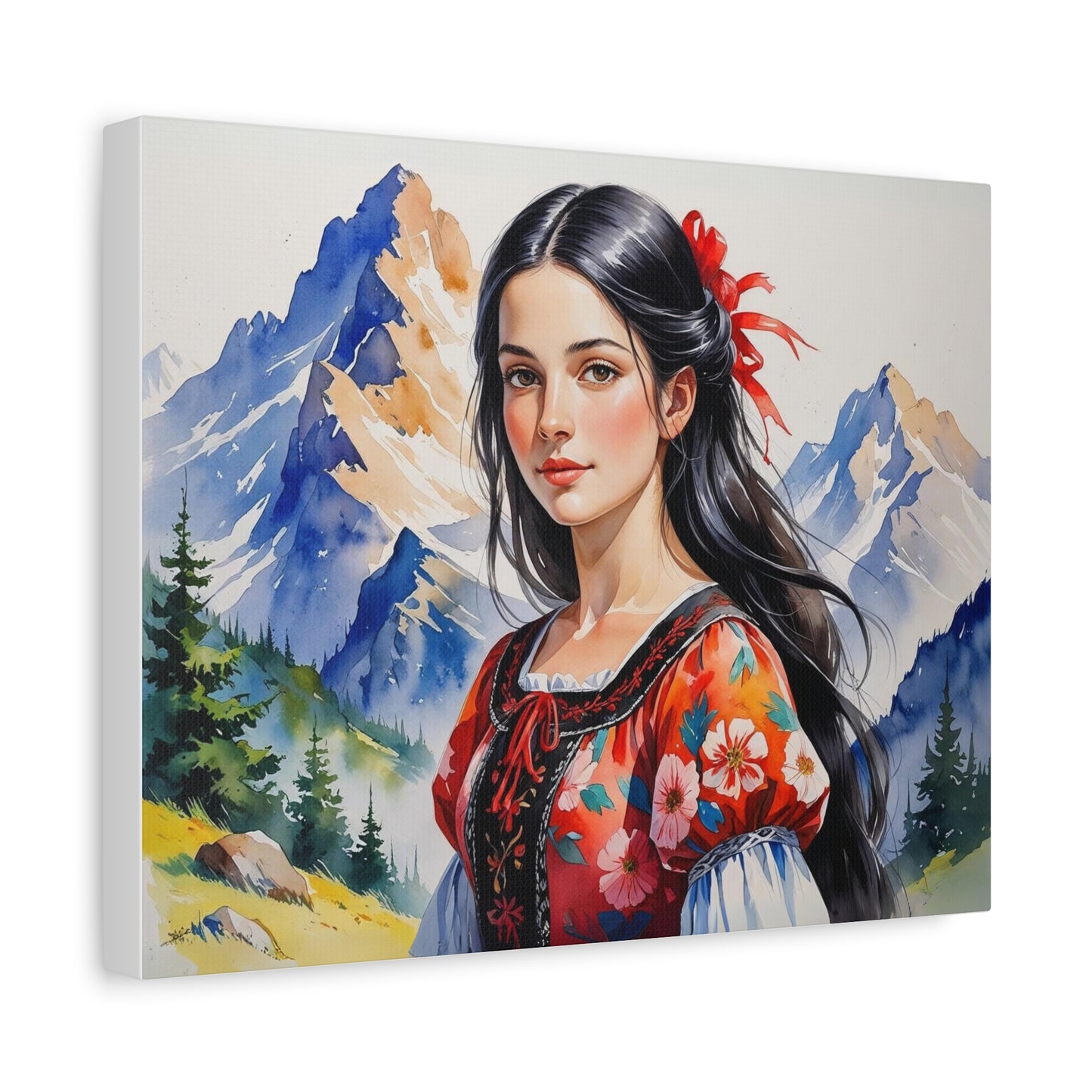 "Besa Among the Mountains" – Albanian Shepherdess Watercolor Style Art in Red & Black Floral Dress