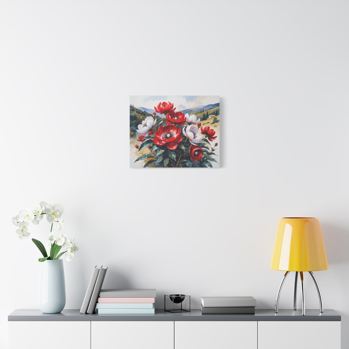 Kosovo’s Crimson Bloom – Watercolor Style Canvas of Red Paeonia peregrina in an Albanian Landscape