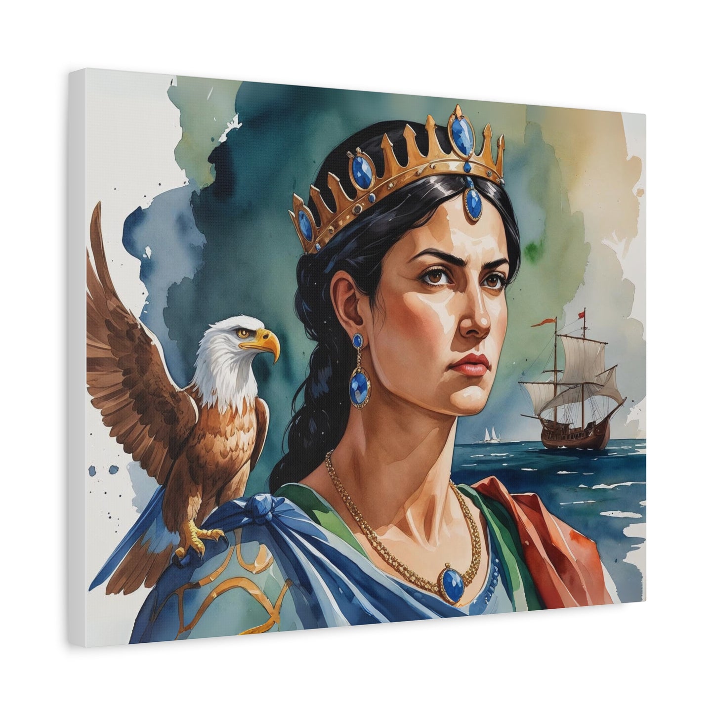 Teuta, Queen of Illyria – Watercolor style Portrait of a Regal Illyrian Leader with Albanian Eagle Symbol