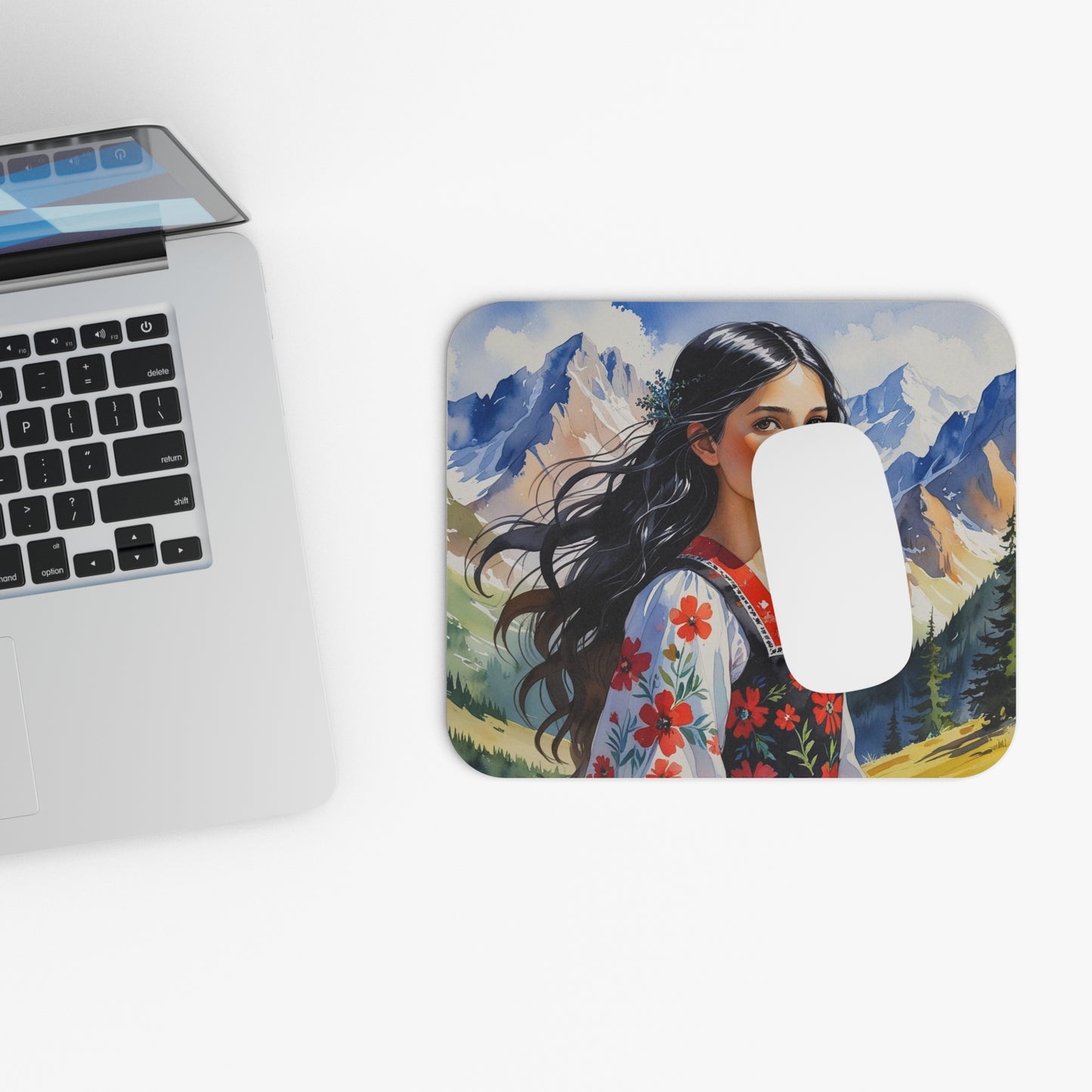 Mountain Albanian Girl Art Mouse Pad Boho Desk Mat | Nature-Inspired Office Decor | Unique Gift for Her