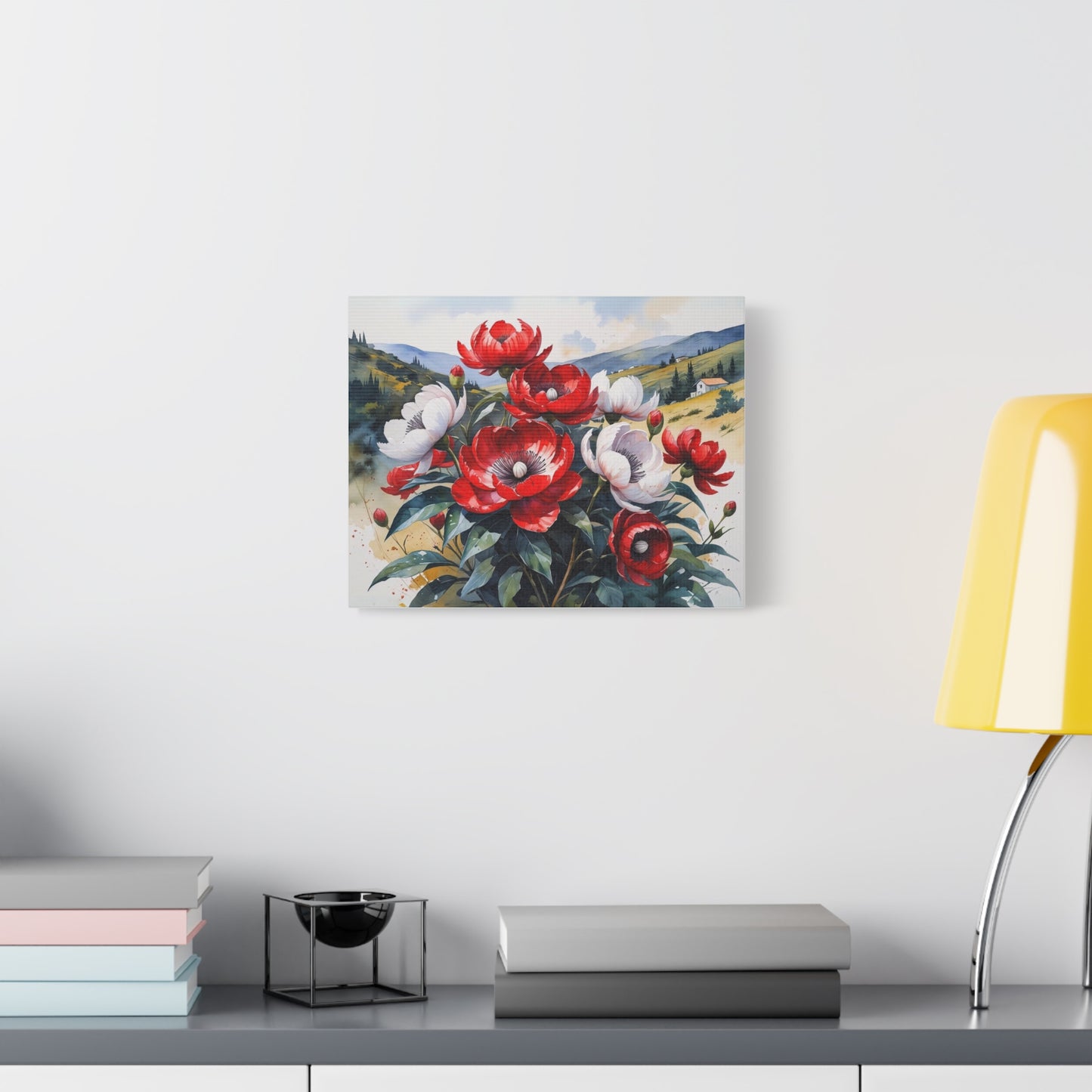 Kosovo’s Crimson Bloom – Watercolor Style Canvas of Red Paeonia peregrina in an Albanian Landscape