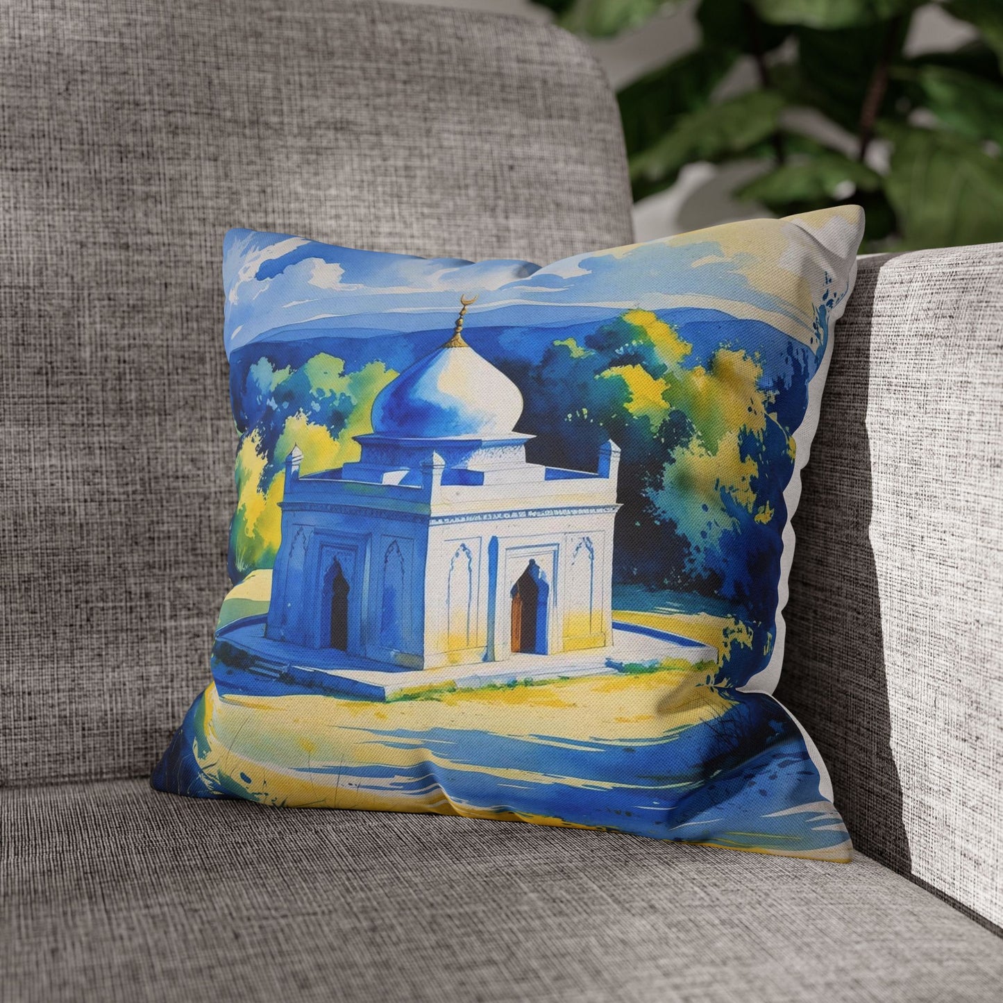 Mystic Serenity: Sufi Temple in Kosovo – Watercolor Art Pillowcase, Blue & Yellow Decorative Cushion Cover
