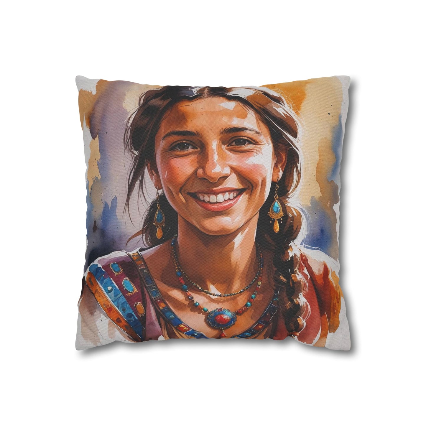 Albanian Roma Girl Boho Pillowcase – Radiant Smiles & Free-Spirited Charm Decorative Cushion Cover | Bohemian Home Decor