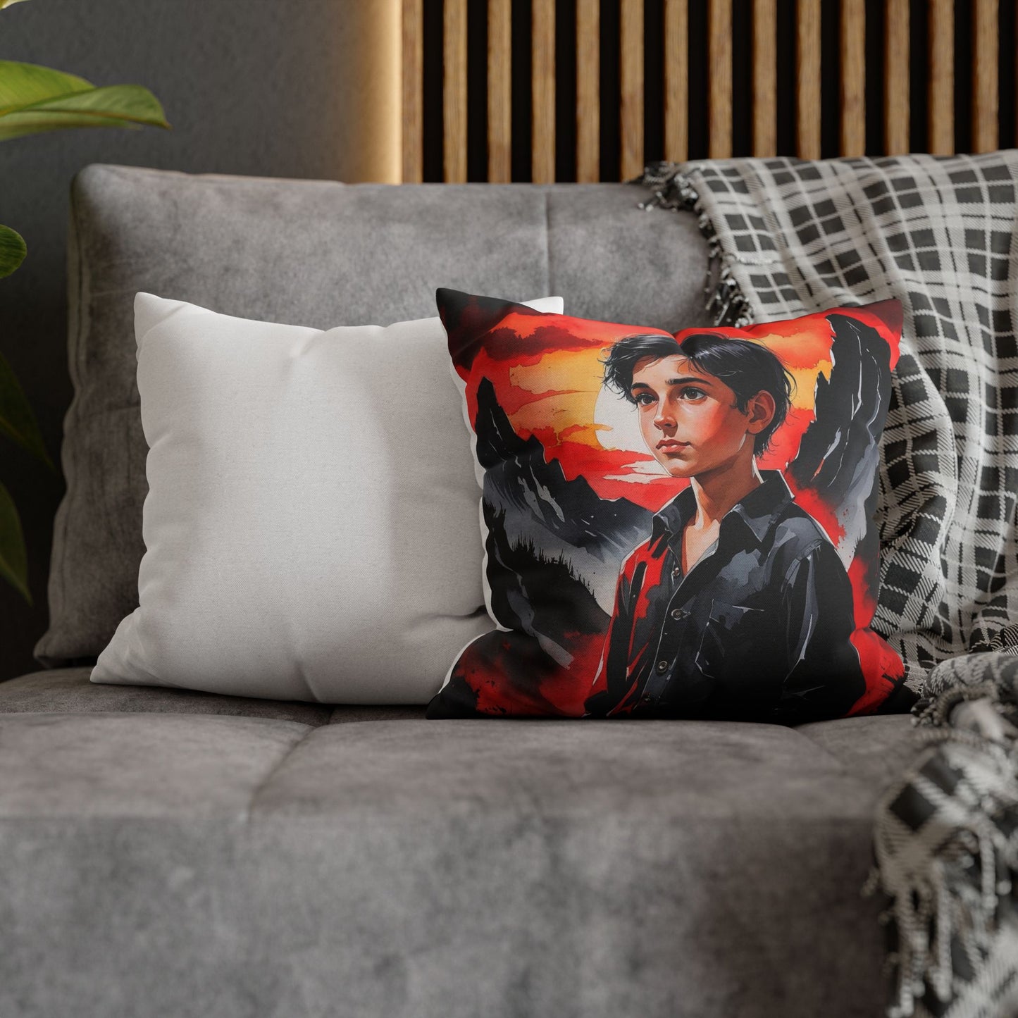 "Flamur at Dusk – Red & Black Albanian Shepherd Boy Pillowcase" | Watercolor Canvas-Style Cushion Cover in 4 Sizes (14”, 16”, 18”, 20”)