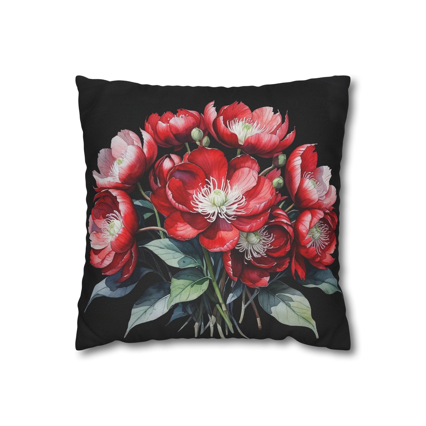 Paeonia Peregrina Pillowcase – Kosovo’s National Flower | Botanical Watercolor Art | Red & Black Floral Accent Cushion
