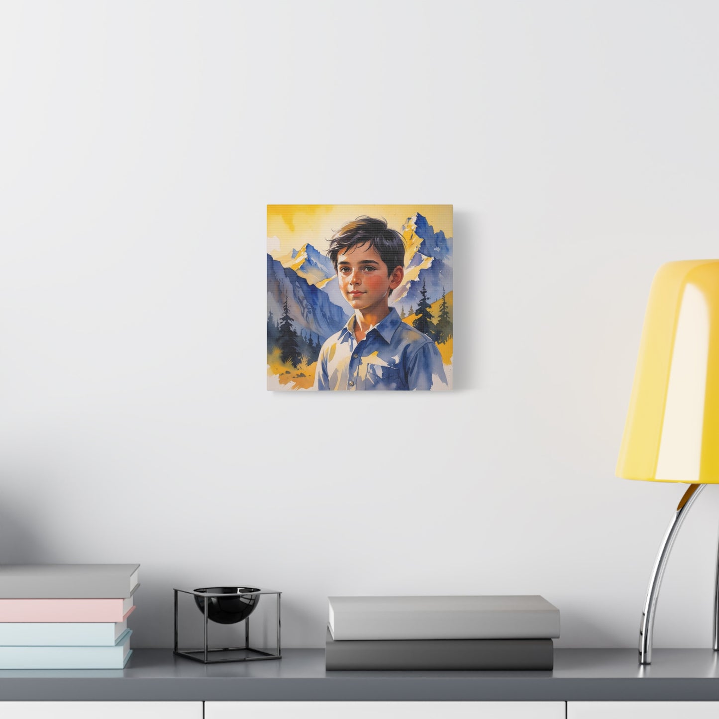 Dardan’s Freedom Dream – Watercolor Style Canvas of a Kosovar Shepherd Boy in the Accursed Mountains at Sunset, Painted in Kosovo’s Yellow and Blue Hues