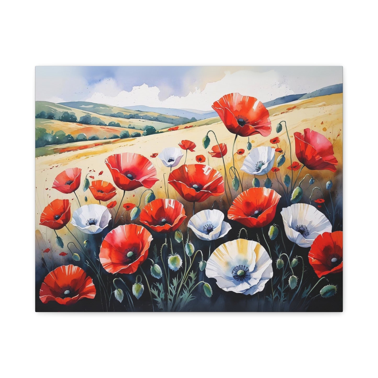 Whispers of the Homeland – Watercolor Canvas of Red Poppies in the Albanian Countryside in Flag-Inspired Hues