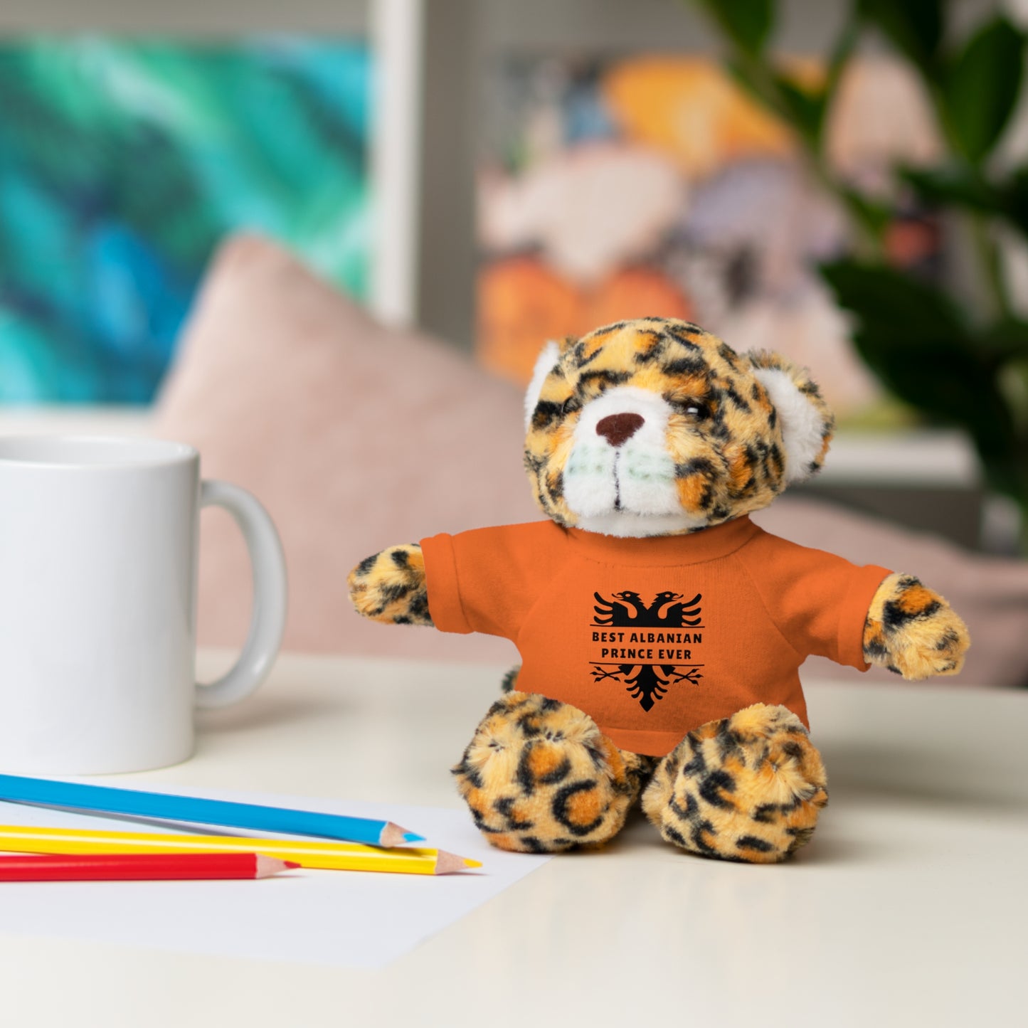 Best Albanian Prince Ever | Personalized 8" Plush Stuffed Animal Jaguar | Custom Tee in Multiple Colors | Gift for Kids & Collectors