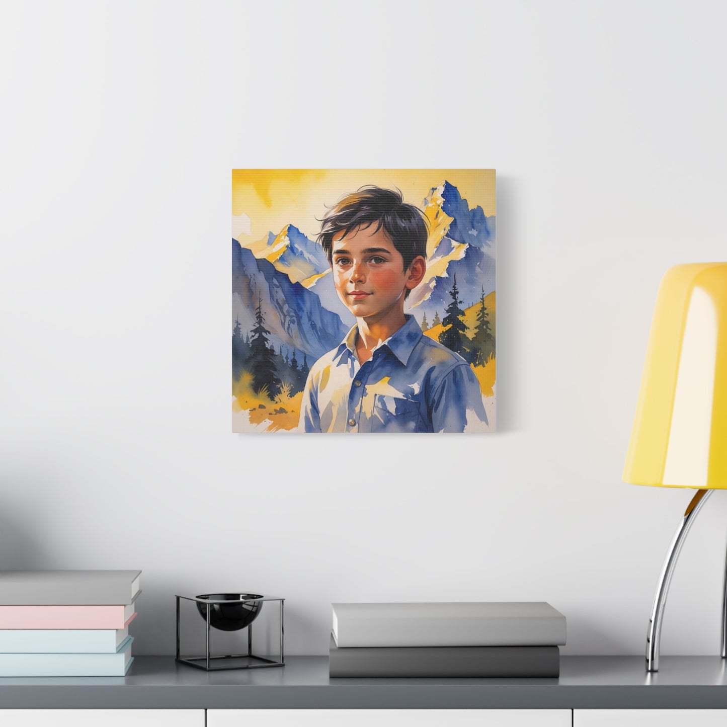 Dardan’s Freedom Dream – Watercolor Style Canvas of a Kosovar Shepherd Boy in the Accursed Mountains at Sunset, Painted in Kosovo’s Yellow and Blue Hues