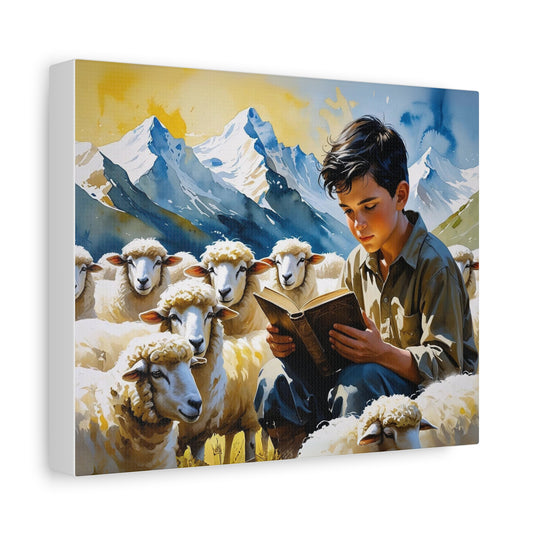 "Sheko’s Dream Among the Peaks – A Shepherd Boy’s Quiet Journey" Watercolor Style Canvas, Farmhouse Wall Decor