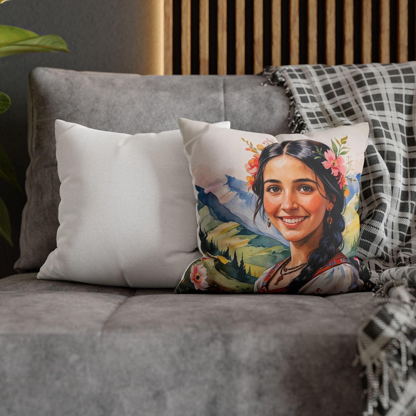 Romani Girl “Luludi” Pillowcase – Single-Sided Portrait Print | Floral Balkan Decor | Cultural Accent Cushion | 4 Sizes Available