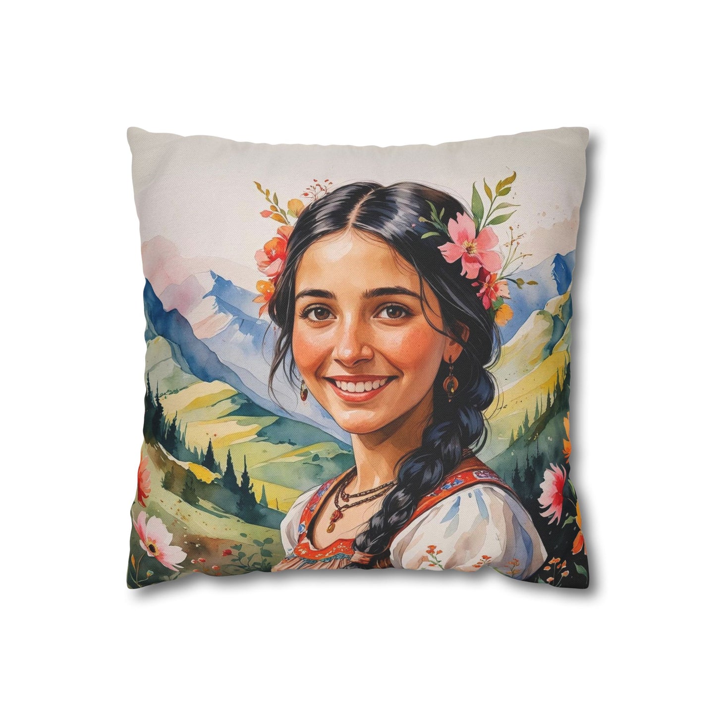 Romani Girl “Luludi” Pillowcase – Single-Sided Portrait Print | Floral Balkan Decor | Cultural Accent Cushion | 4 Sizes Available
