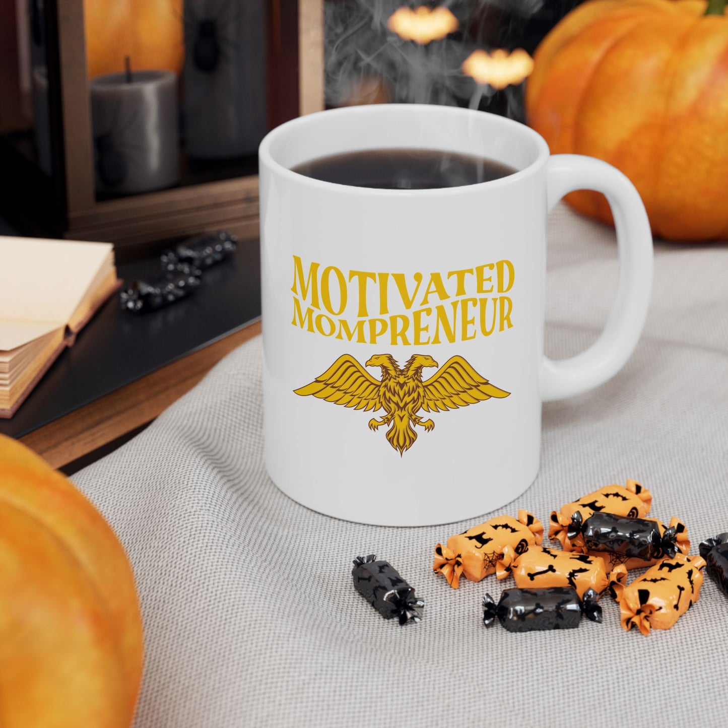Motivated Mompreneur Ceramic Mug – 11 oz White Mug with Golden Eagle Design