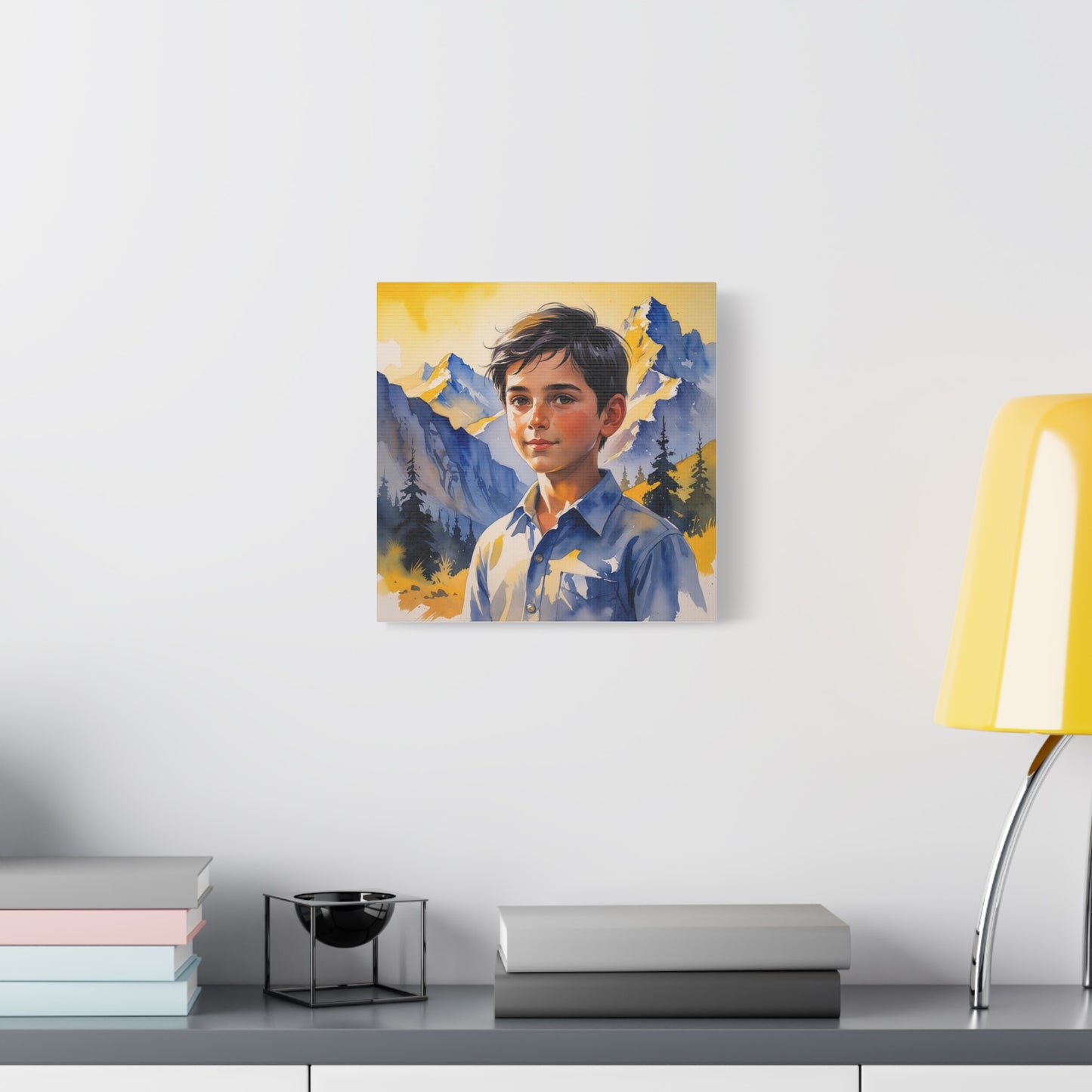 Dardan’s Freedom Dream – Watercolor Style Canvas of a Kosovar Shepherd Boy in the Accursed Mountains at Sunset, Painted in Kosovo’s Yellow and Blue Hues