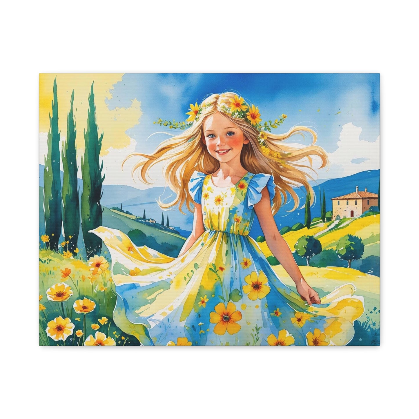 Dua’s Day in the Sun – Watercolor Style Canvas Portrait of a Joyful Blonde Girl in a Kosovo-Inspired Yellow and Blue Dress