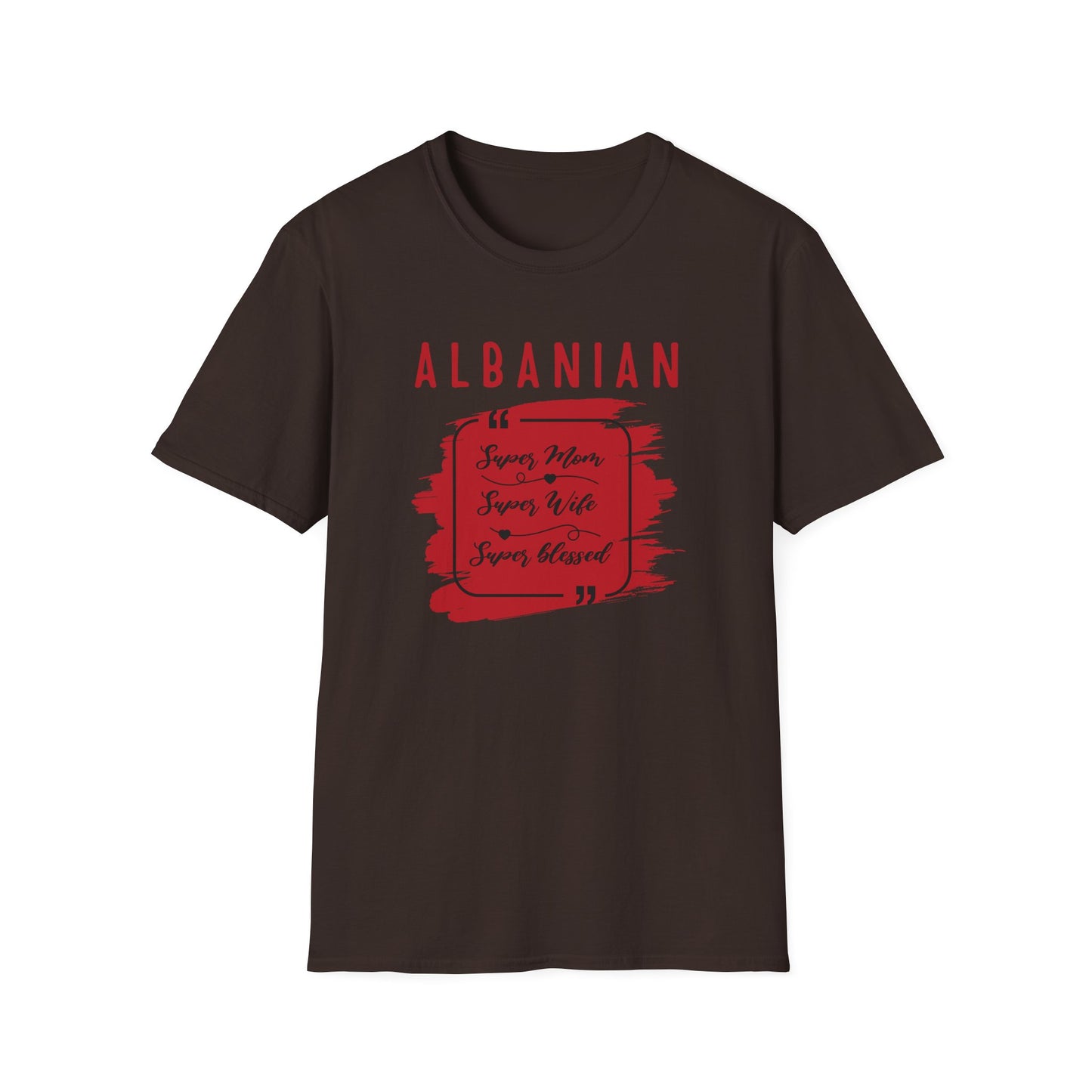 Albanian Super Mom, Super Wife, Super Blessed T-Shirt Unisex Softstyle Tee | Albanian Pride Shirt for Family, Travel, and Celebrations