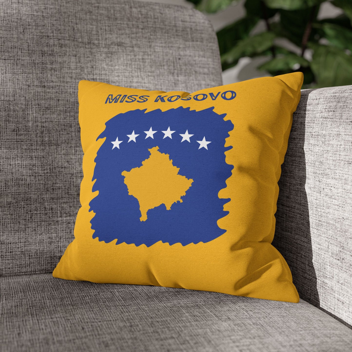Miss Kosovo Bold Flag Pillowcase – Yellow & Blue Kosovo Map Accent Cushion Cover, Nation Symbol, Home Accent, Gift for Kosovo Supporters