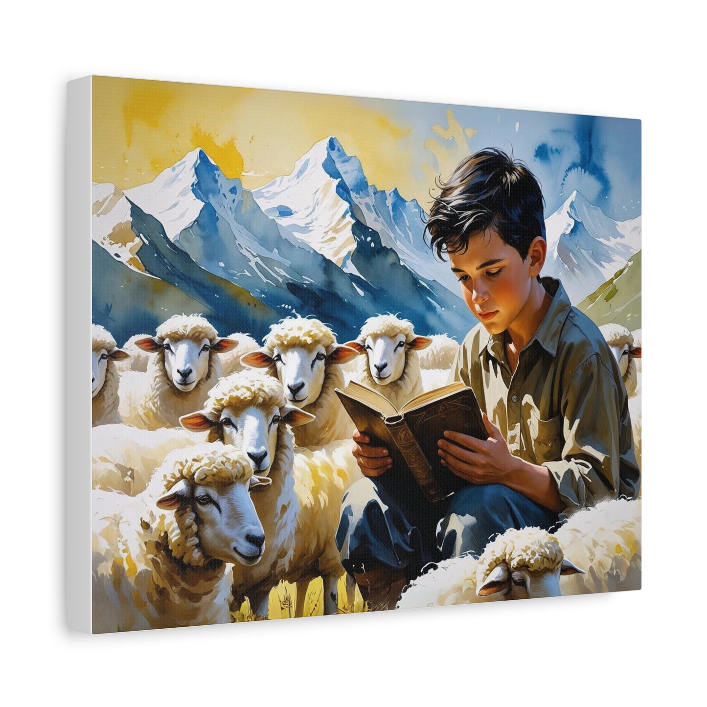 "Sheko’s Dream Among the Peaks – A Shepherd Boy’s Quiet Journey" Watercolor Style Canvas, Farmhouse Wall Decor