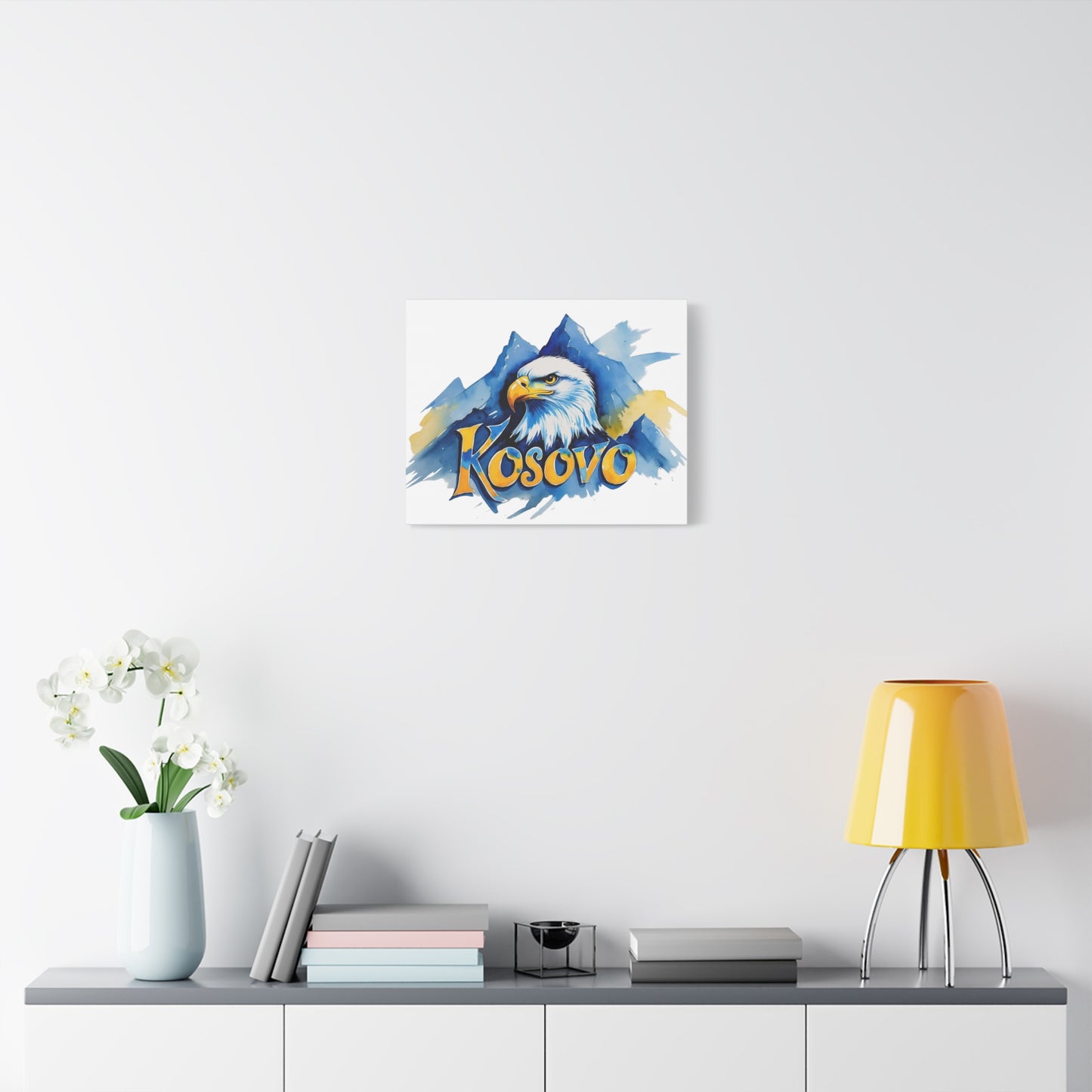 Kosovo Eagle Watercolor Style Canvas | Blue & Yellow Patriotic Wall Art – Serene Mountain-Inspired Decor