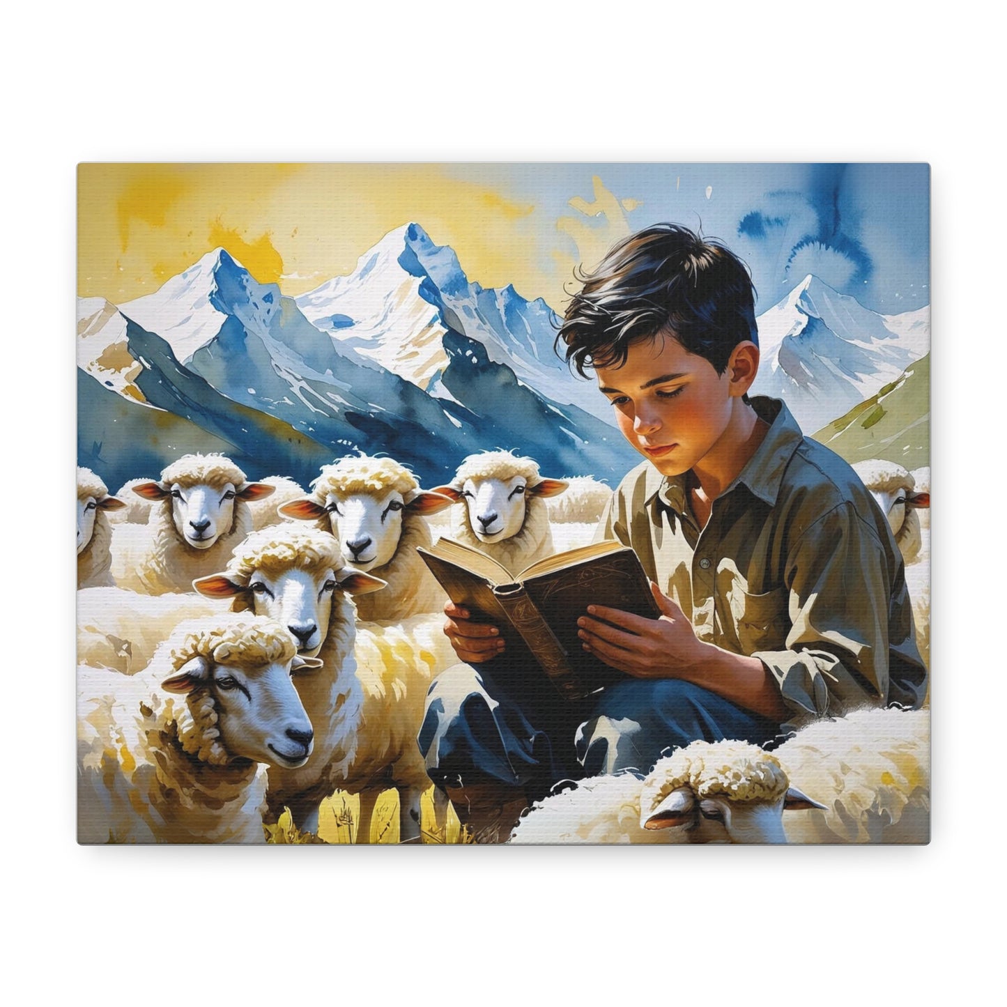 "Sheko’s Dream Among the Peaks – A Shepherd Boy’s Quiet Journey" Watercolor Style Canvas, Farmhouse Wall Decor