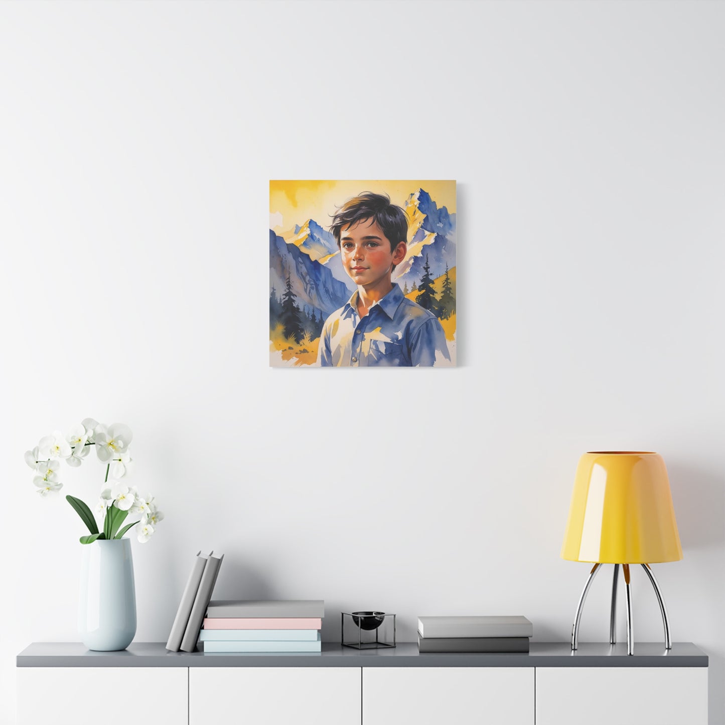 Dardan’s Freedom Dream – Watercolor Style Canvas of a Kosovar Shepherd Boy in the Accursed Mountains at Sunset, Painted in Kosovo’s Yellow and Blue Hues