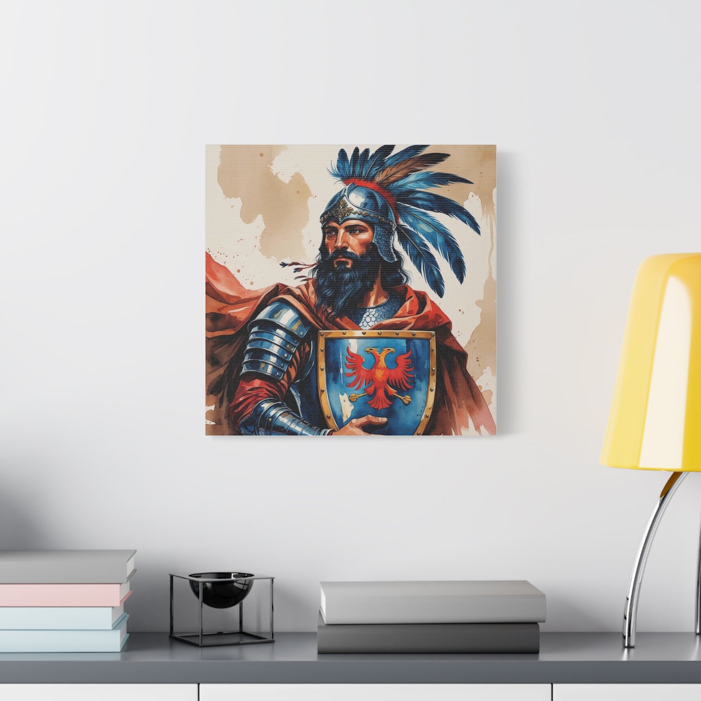 Skanderbeg: Guardian of the Eagle – A Regal Watercolor Style Portrait of Albania’s National Hero in Crimson, Gold, and Valor