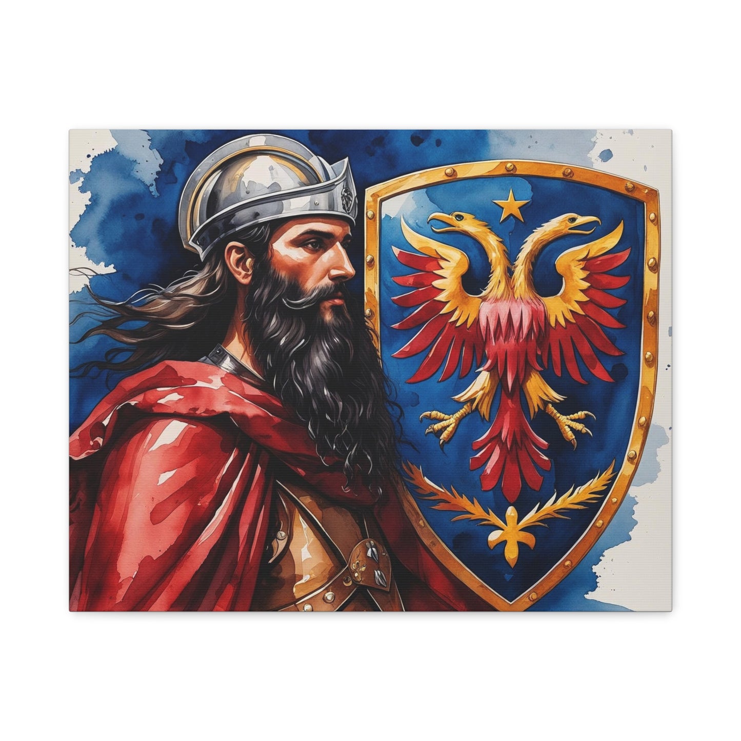 Shield of the Eagle: A Watercolor Portrait of Skanderbeg in Crimson and Gold Glory, Heroic Warrior Canvas Art Print
