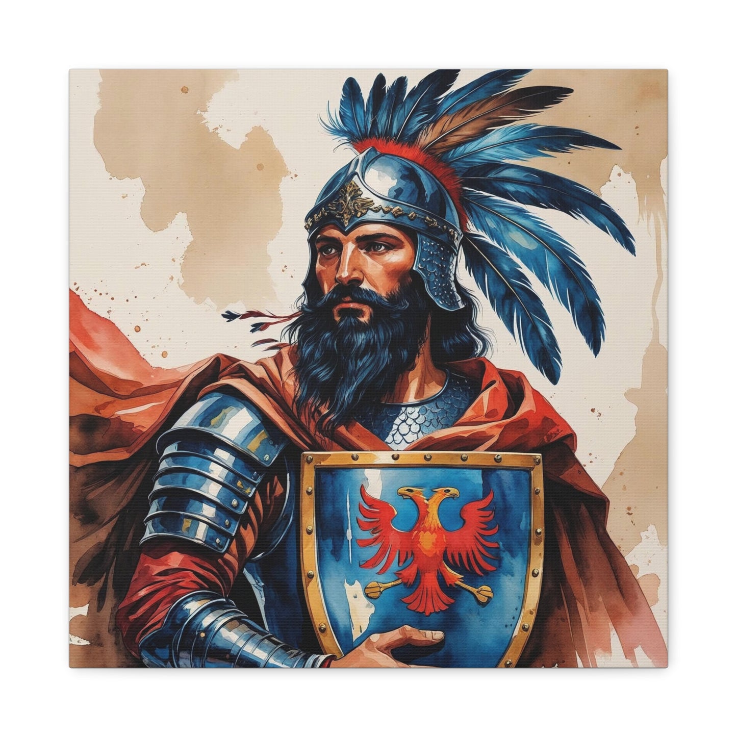 Skanderbeg: Guardian of the Eagle – A Regal Watercolor Style Portrait of Albania’s National Hero in Crimson, Gold, and Valor