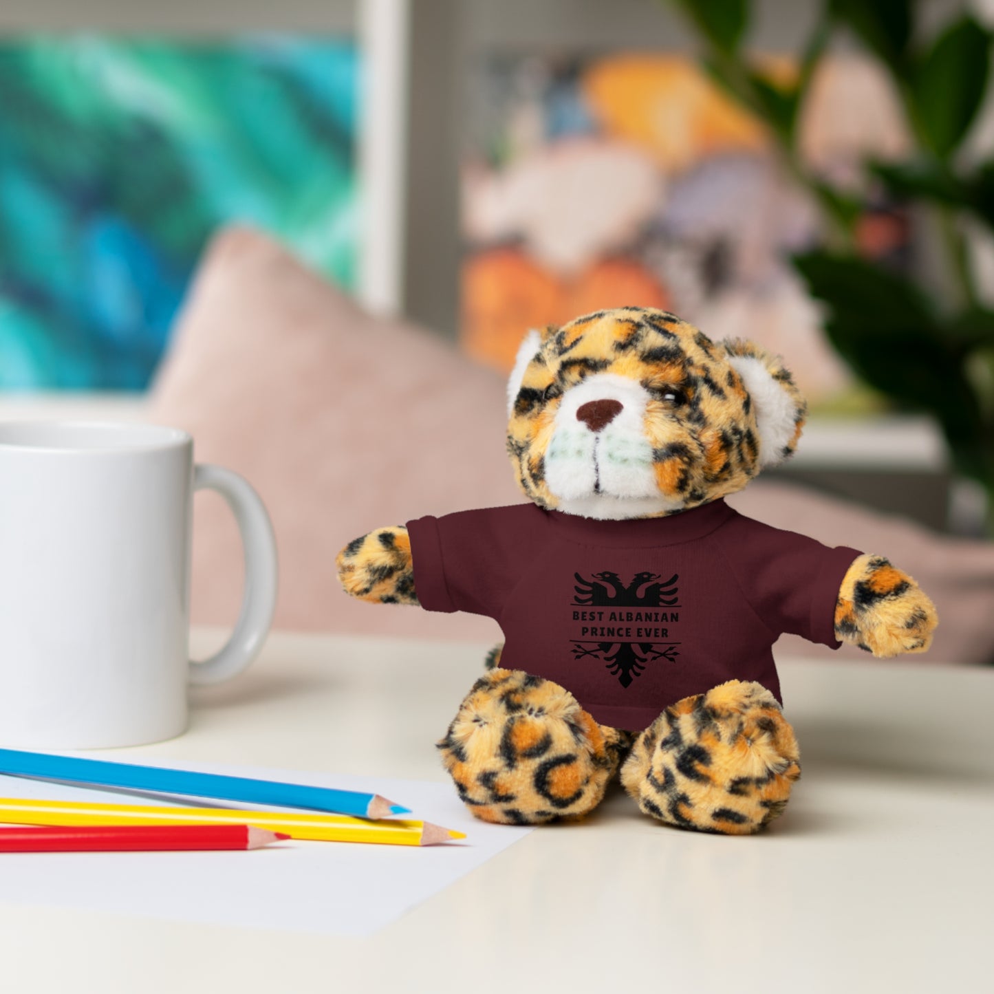 Best Albanian Prince Ever | Personalized 8" Plush Stuffed Animal Jaguar | Custom Tee in Multiple Colors | Gift for Kids & Collectors