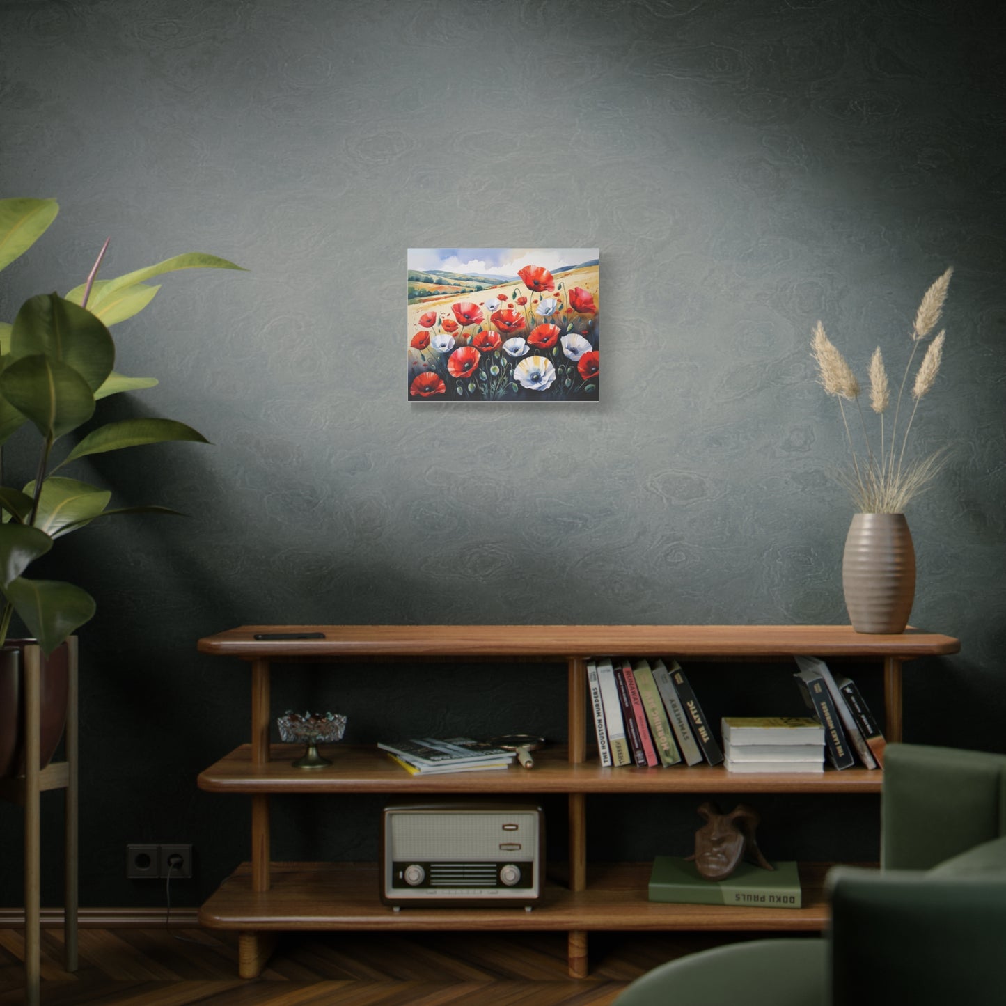 Whispers of the Homeland – Watercolor Canvas of Red Poppies in the Albanian Countryside in Flag-Inspired Hues