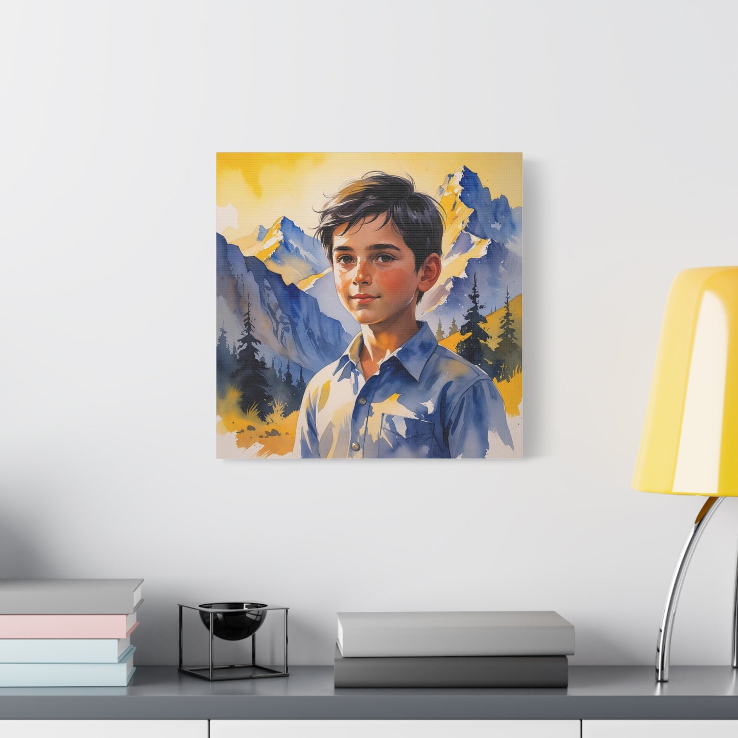 Dardan’s Freedom Dream – Watercolor Style Canvas of a Kosovar Shepherd Boy in the Accursed Mountains at Sunset, Painted in Kosovo’s Yellow and Blue Hues