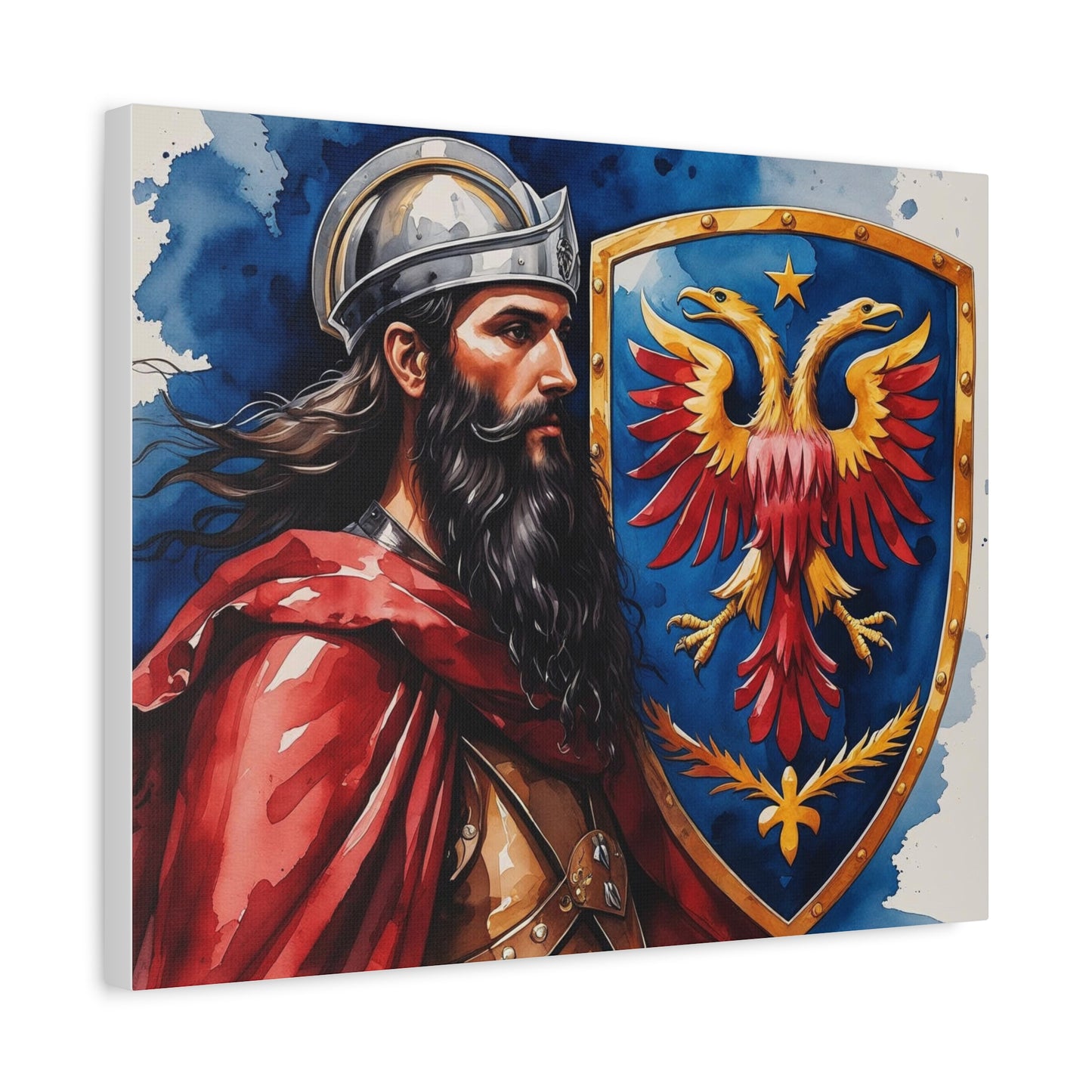 Shield of the Eagle: A Watercolor Portrait of Skanderbeg in Crimson and Gold Glory, Heroic Warrior Canvas Art Print