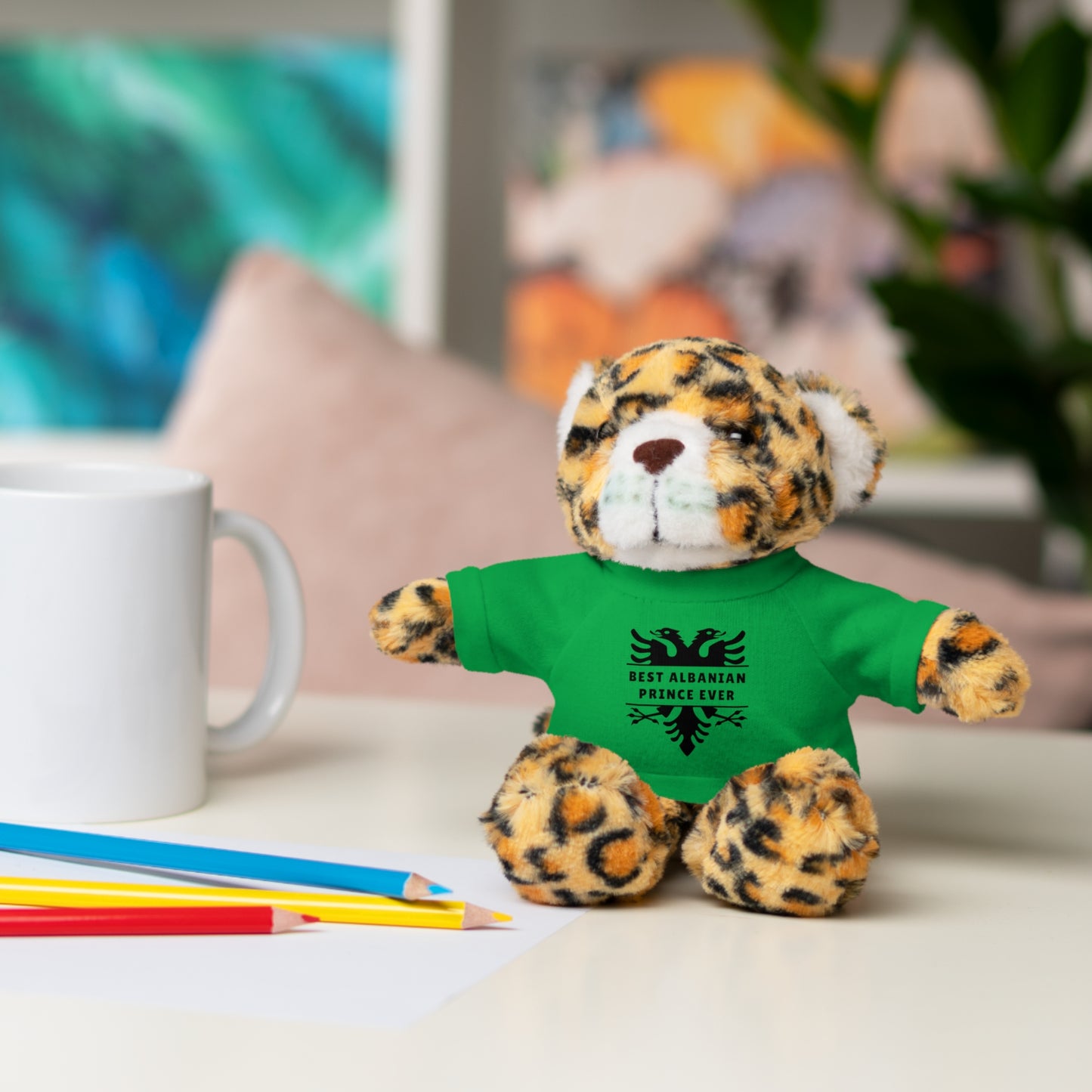 Best Albanian Prince Ever | Personalized 8" Plush Stuffed Animal Jaguar | Custom Tee in Multiple Colors | Gift for Kids & Collectors